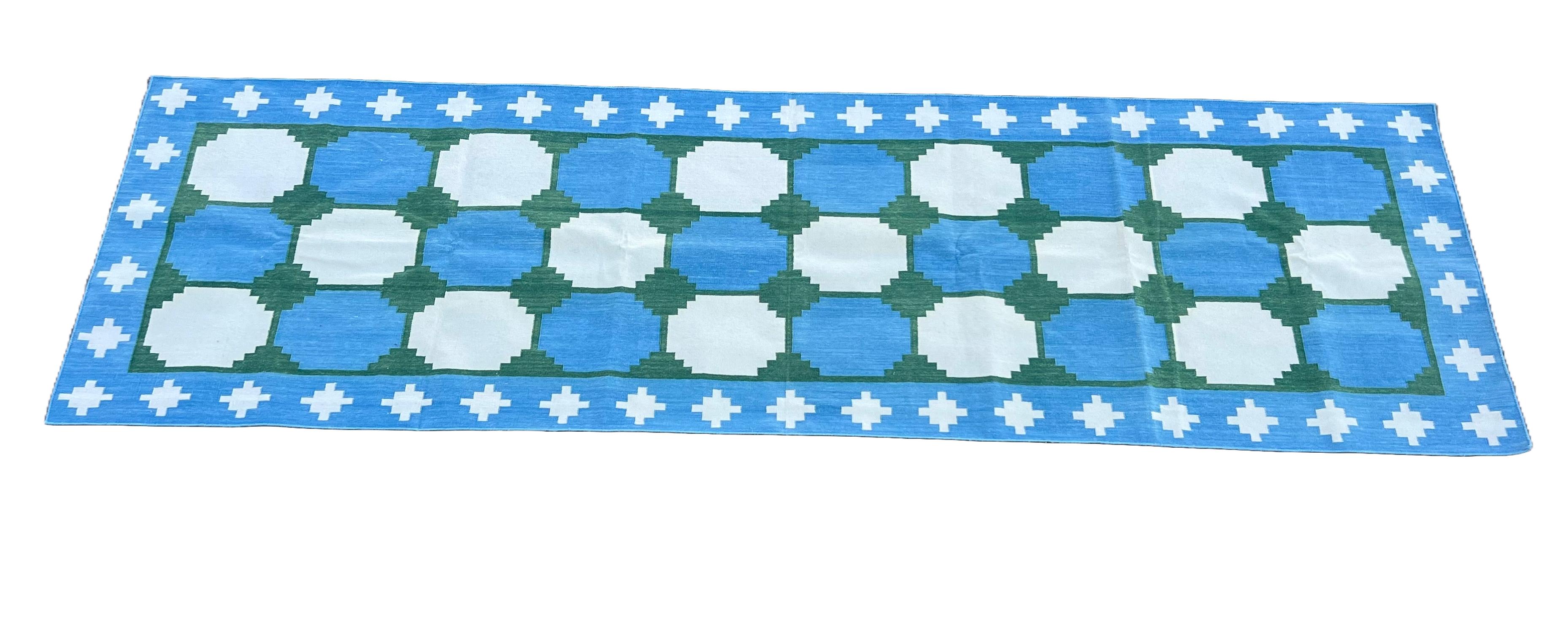Handmade Cotton Area Flat Weave Runner, 3x10 Blue And Green Tile Indian Dhurrie For Sale 3