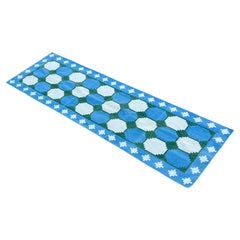 Tapis Dhurrie indien à tissage plat fait à la main, 3 x 10 carreaux bleus et verts