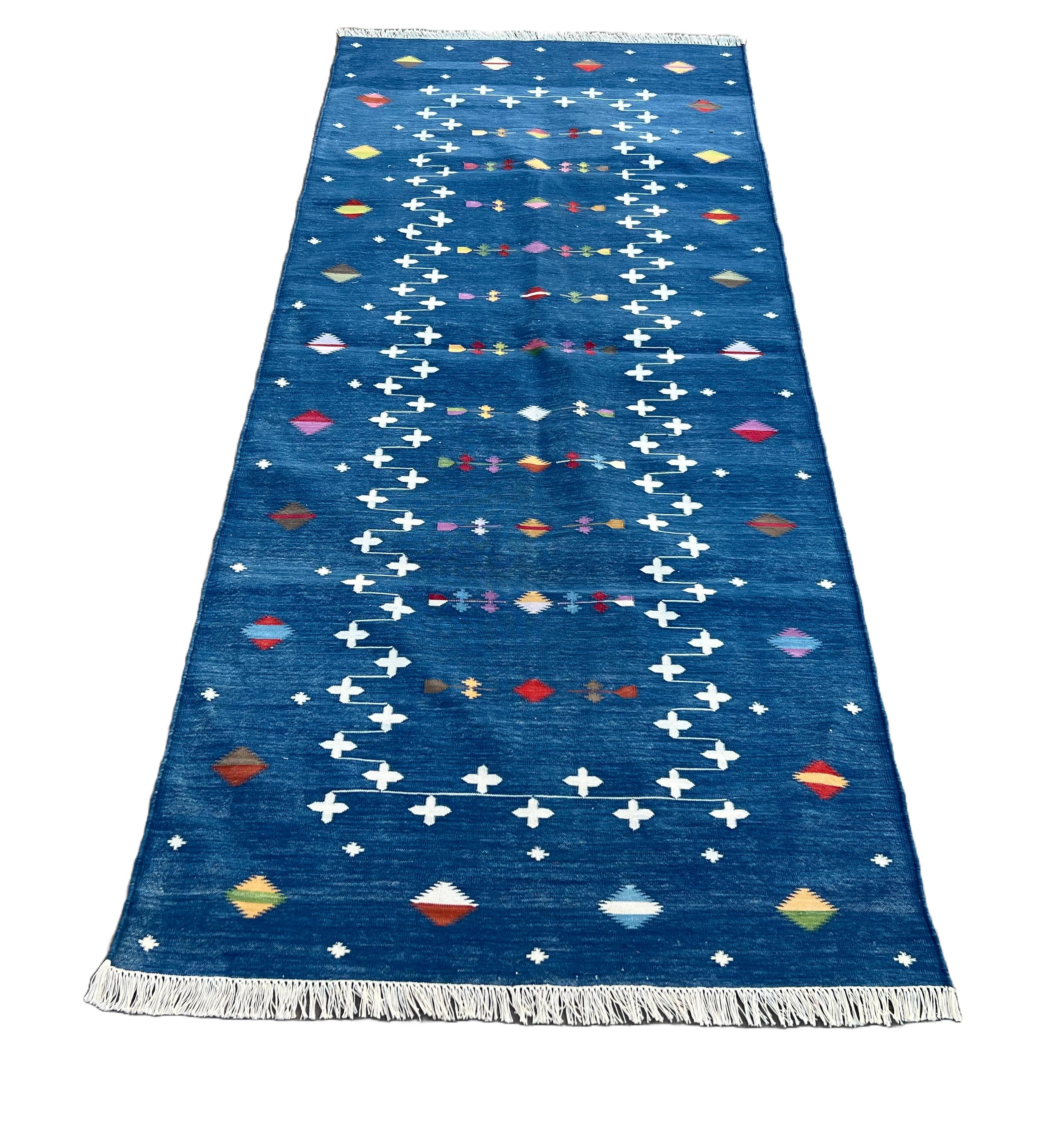 Handmade Cotton Area Flat Weave Runner, 3x10 Blue Shooting Star Indian Dhurrie For Sale 4