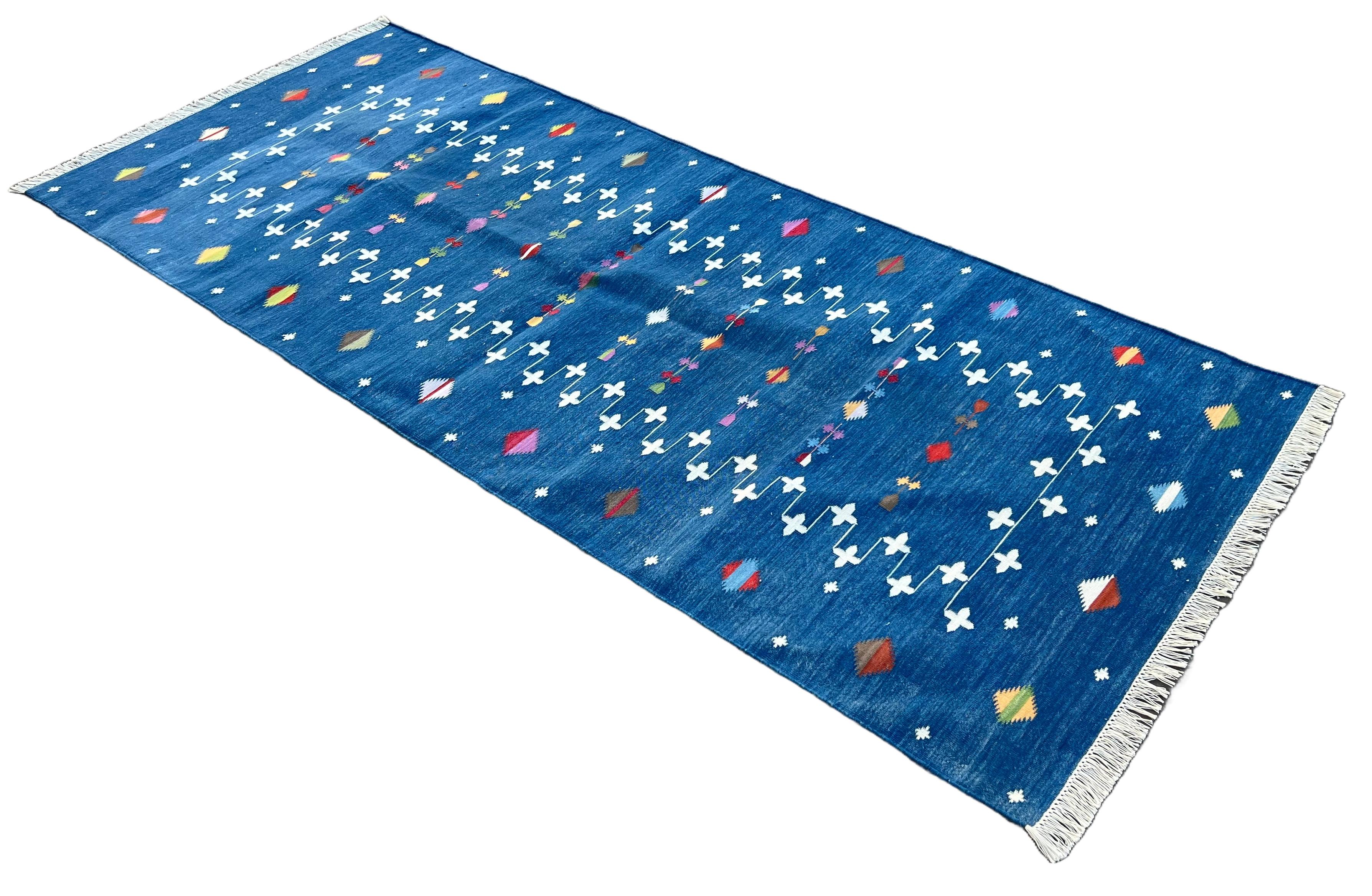 Cotton Natural Vegetable Dyed, Indigo Blue & White Shooting Star Indian Dhurrie Runner-3'x10'
These special flat-weave dhurries are hand-woven with 15 ply 100% cotton yarn. Due to the special manufacturing techniques used to create our rugs, the