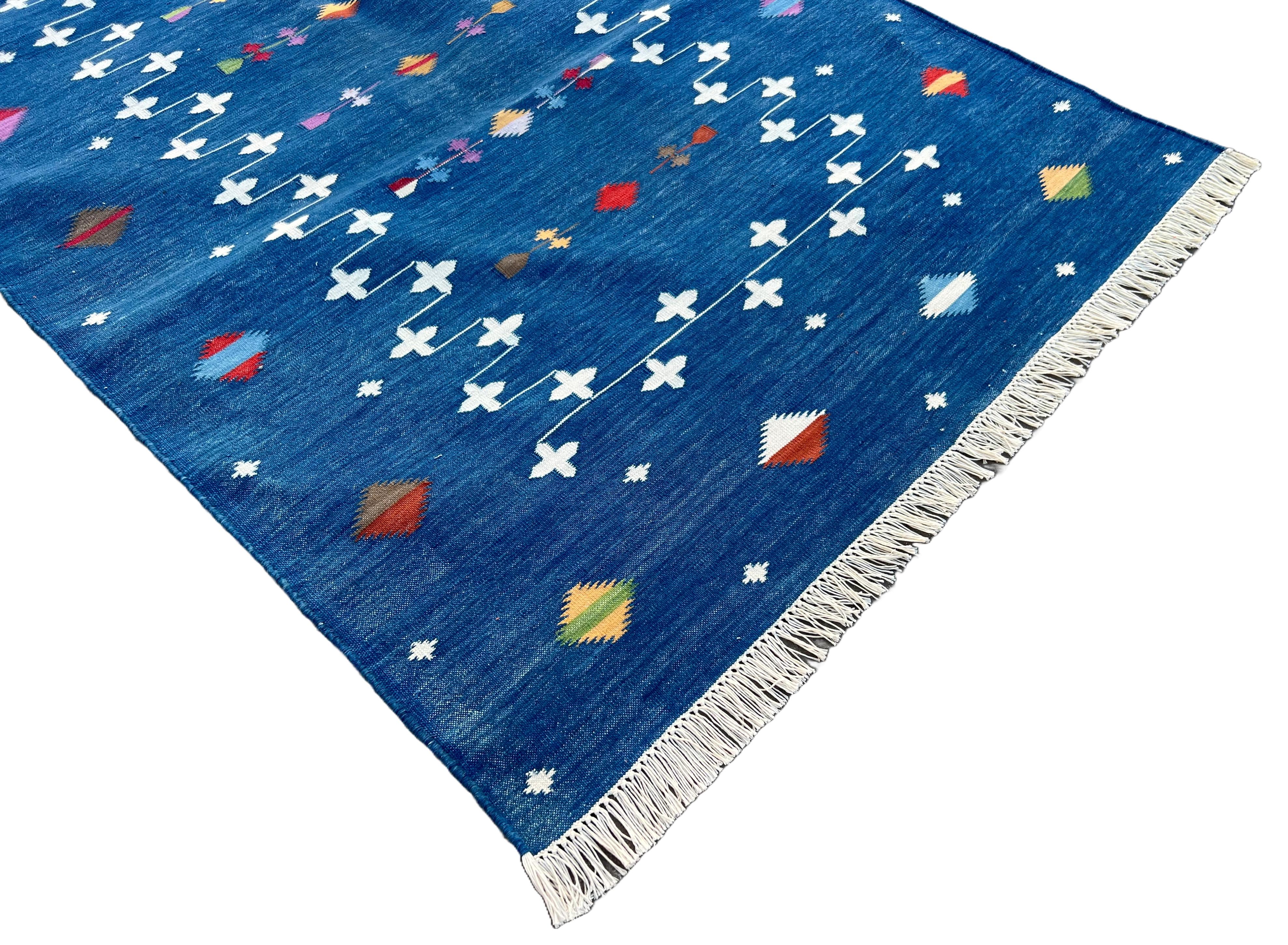 Contemporary Handmade Cotton Area Flat Weave Runner, 3x10 Blue Shooting Star Indian Dhurrie For Sale
