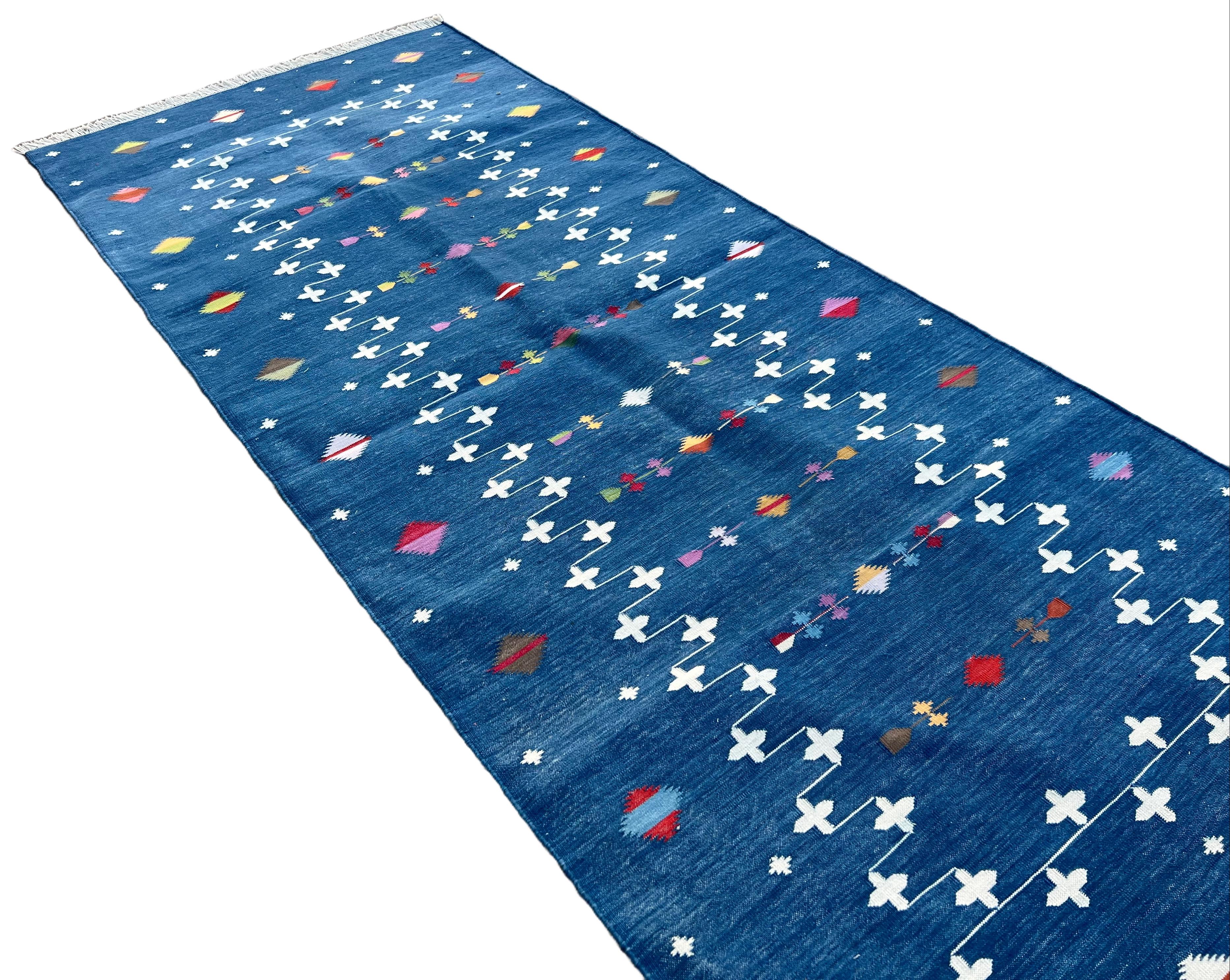 Handmade Cotton Area Flat Weave Runner, 3x10 Blue Shooting Star Indian Dhurrie For Sale 1