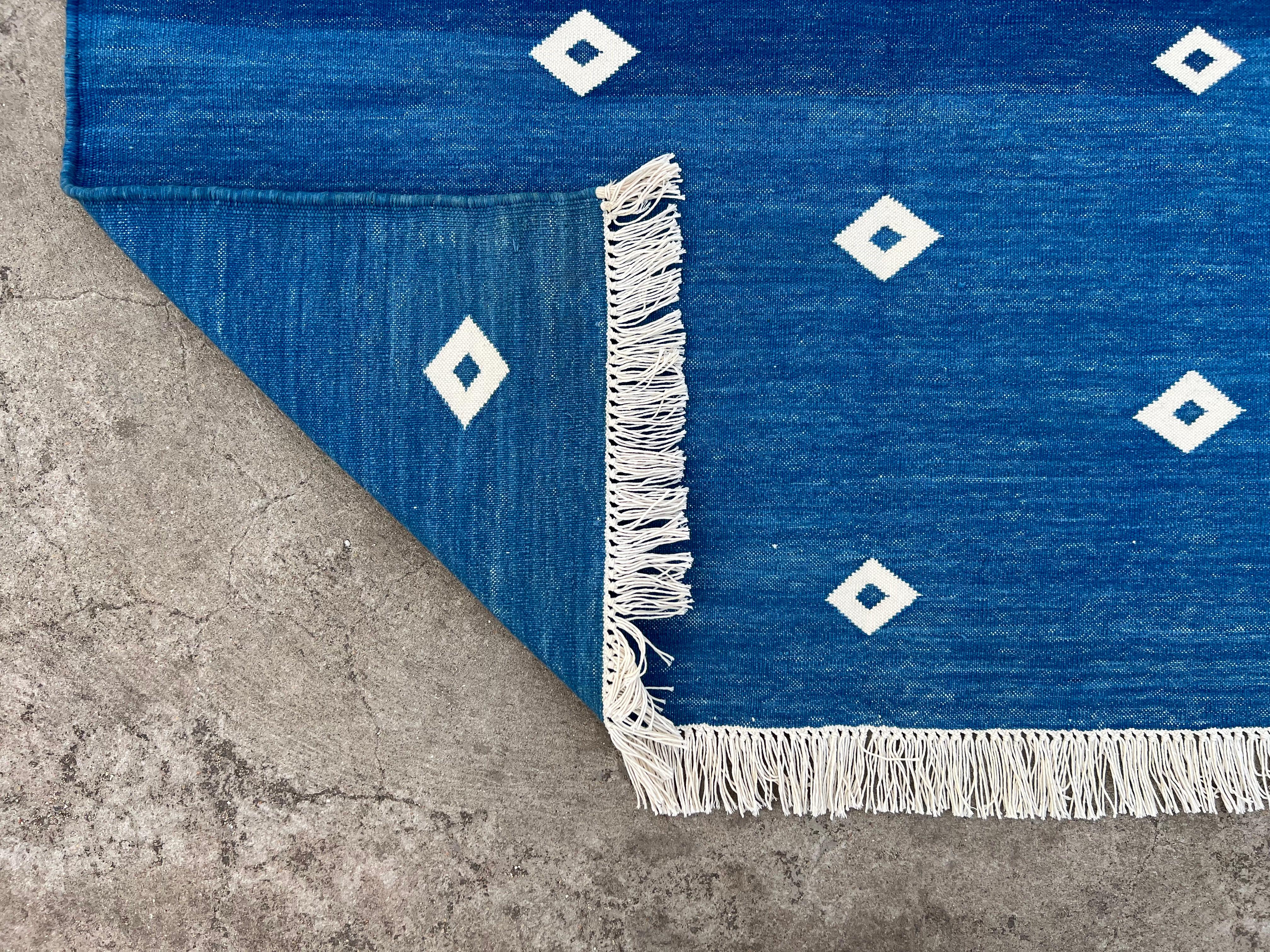 Handmade Cotton Area Flat Weave Runner, 3x10 Blue, White Diamond Indian Dhurrie For Sale 4