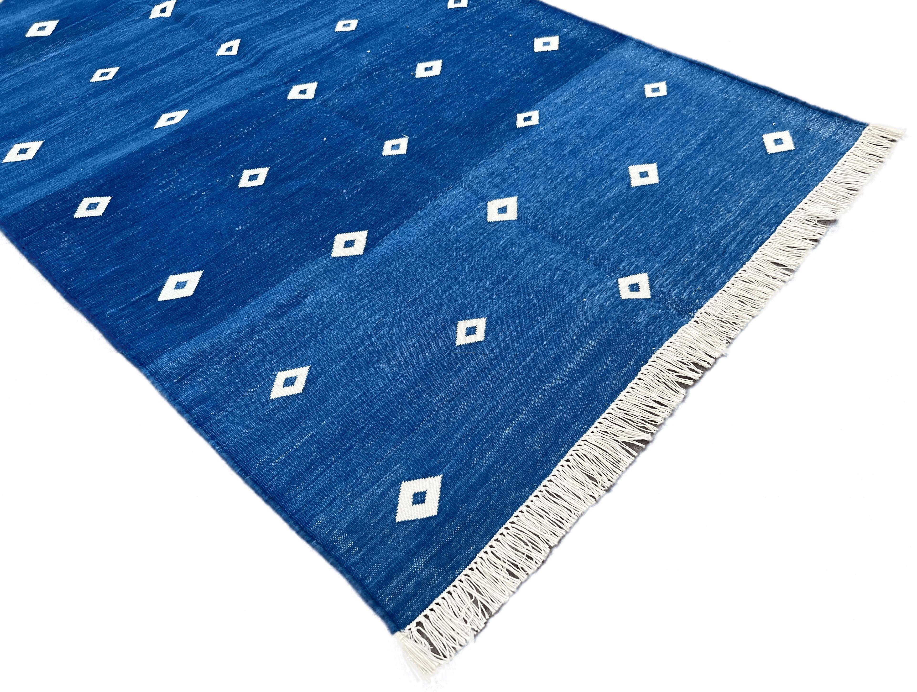Mid-Century Modern Handmade Cotton Area Flat Weave Runner, 3x10 Blue, White Diamond Indian Dhurrie For Sale