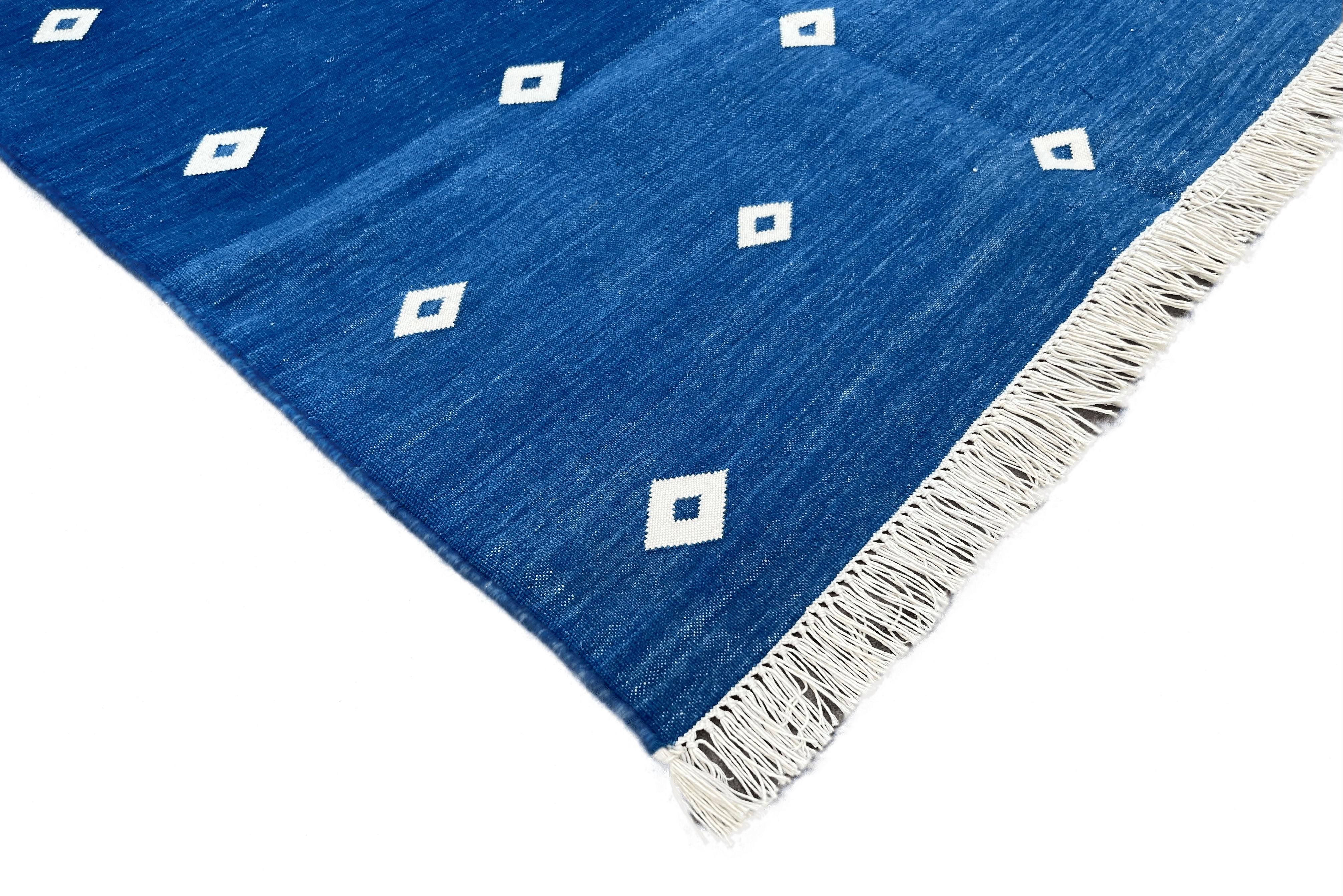 Hand-Woven Handmade Cotton Area Flat Weave Runner, 3x10 Blue, White Diamond Indian Dhurrie For Sale