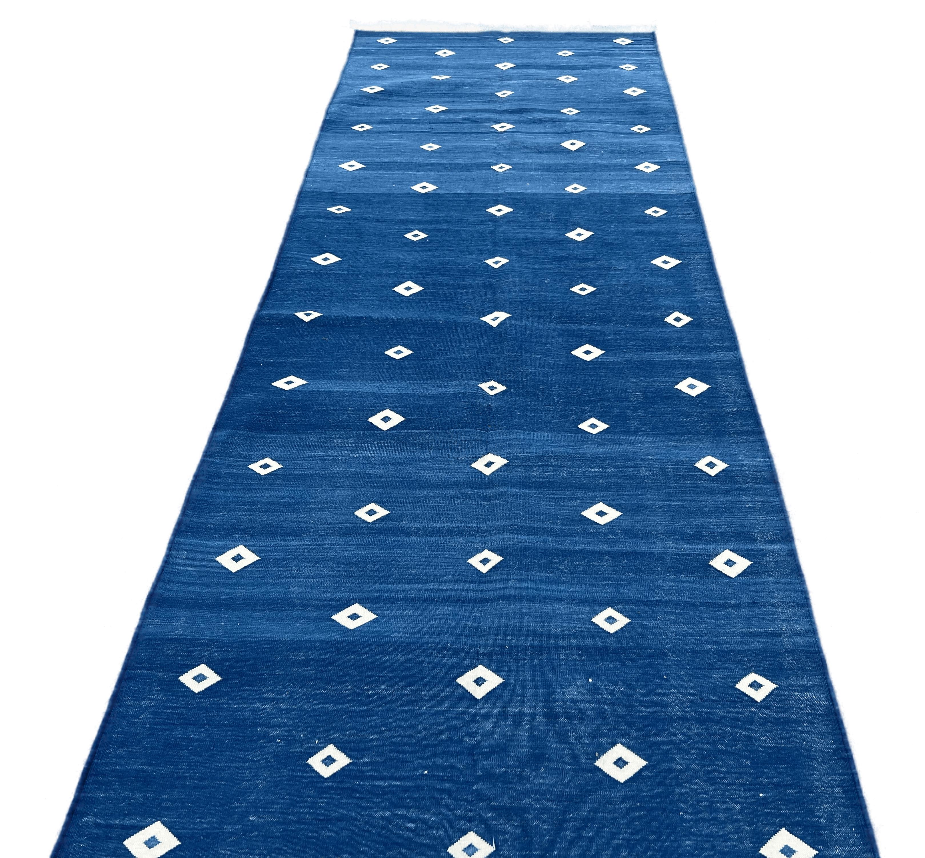 Contemporary Handmade Cotton Area Flat Weave Runner, 3x10 Blue, White Diamond Indian Dhurrie For Sale