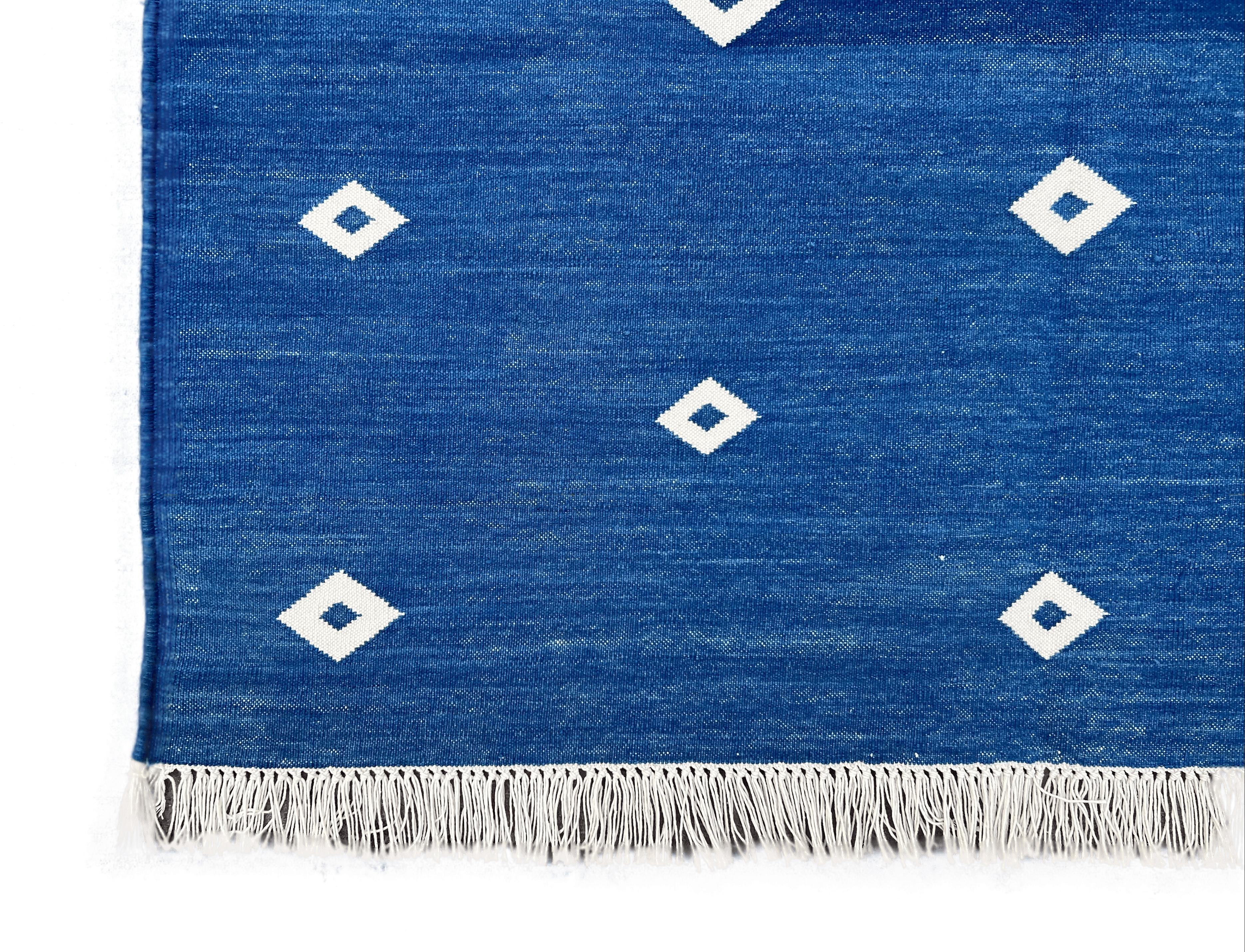 Handmade Cotton Area Flat Weave Runner, 3x10 Blue, White Diamond Indian Dhurrie For Sale 3