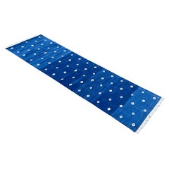 Handmade Cotton Area Flat Weave Runner, 3x10 Blue, White Diamond Indian Dhurrie