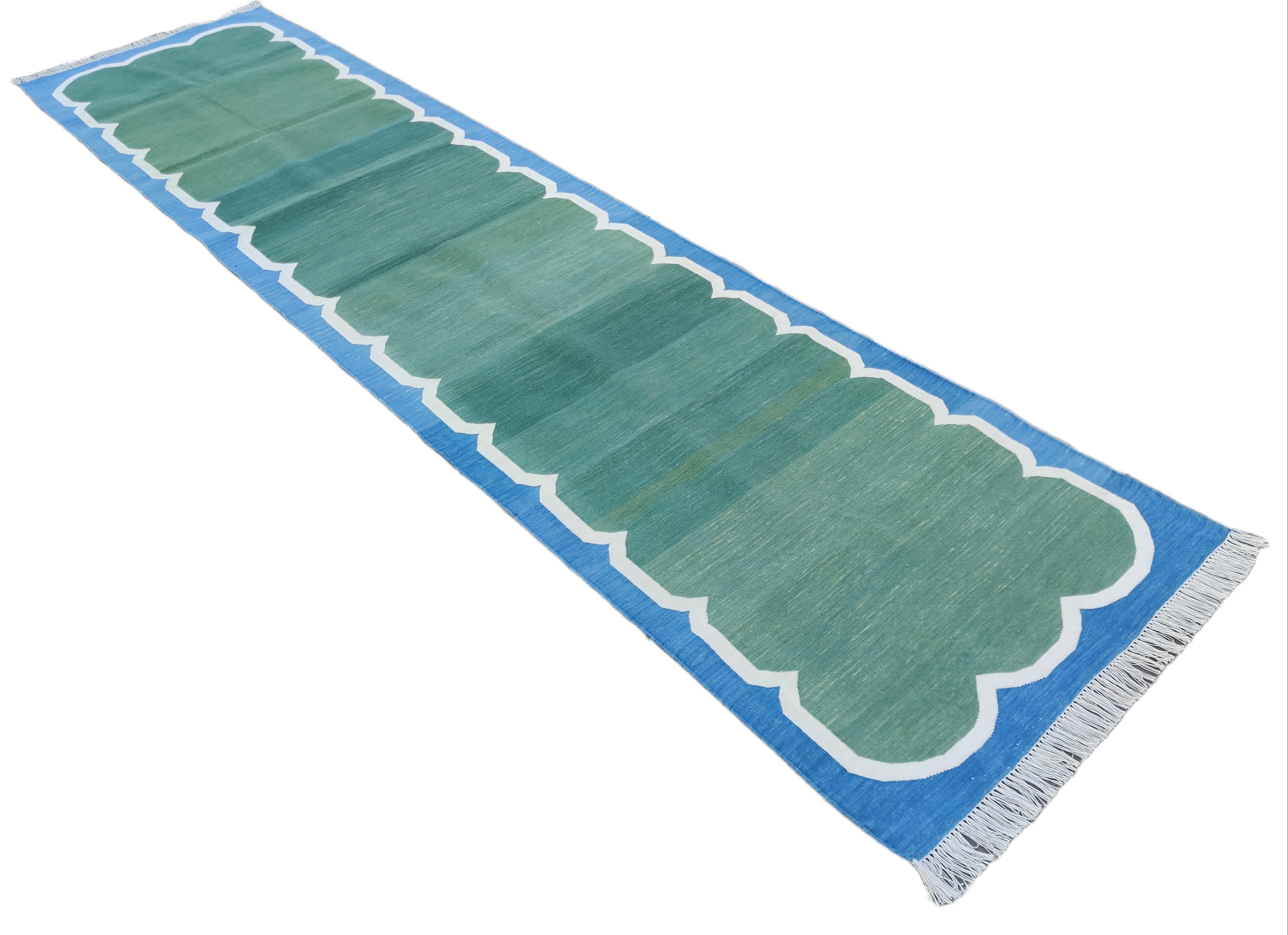 Cotton Natural Vegetable Dyed, Forest Green And Blue Scalloped Indian Dhurrie Runner-3'x10' (90x300cm)
These special flat-weave dhurries are hand-woven with 15 ply 100% cotton yarn. Due to the special manufacturing techniques used to create our