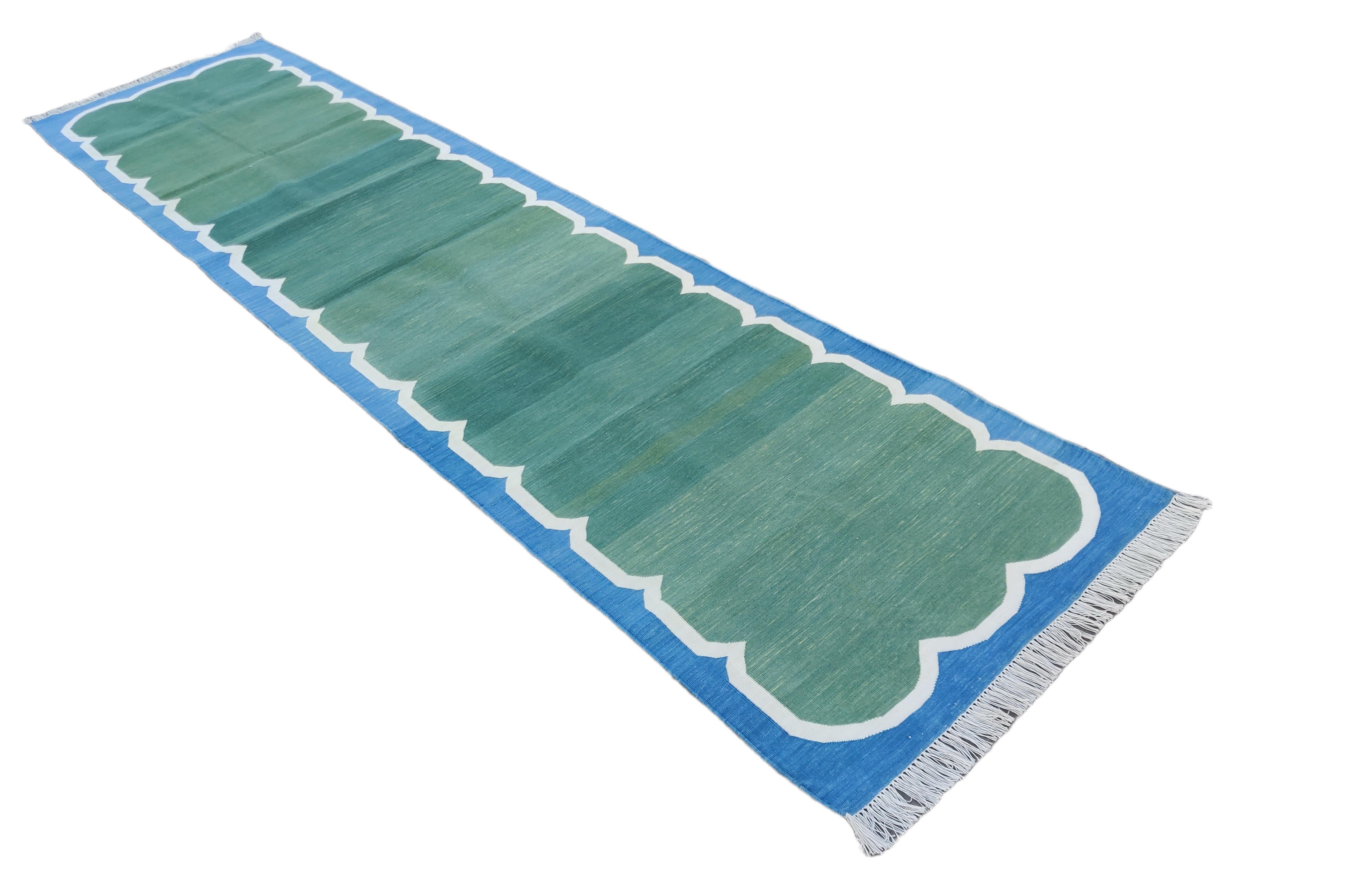 Hand-Woven Handmade Cotton Area Flat Weave Runner, 3x10 Green, Blue Scallop Indian Dhurrie For Sale