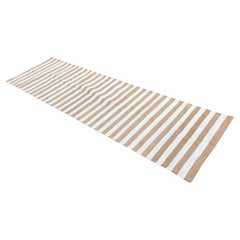 Runner a trama piatta in cotone fatto a mano, 3x10 a righe crema e marrone, indiano Dhurrie
