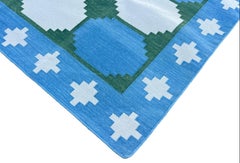 Handmade Cotton Area Flat Weave Runner, 3x12 Blue And Green Tile Indian Dhurrie