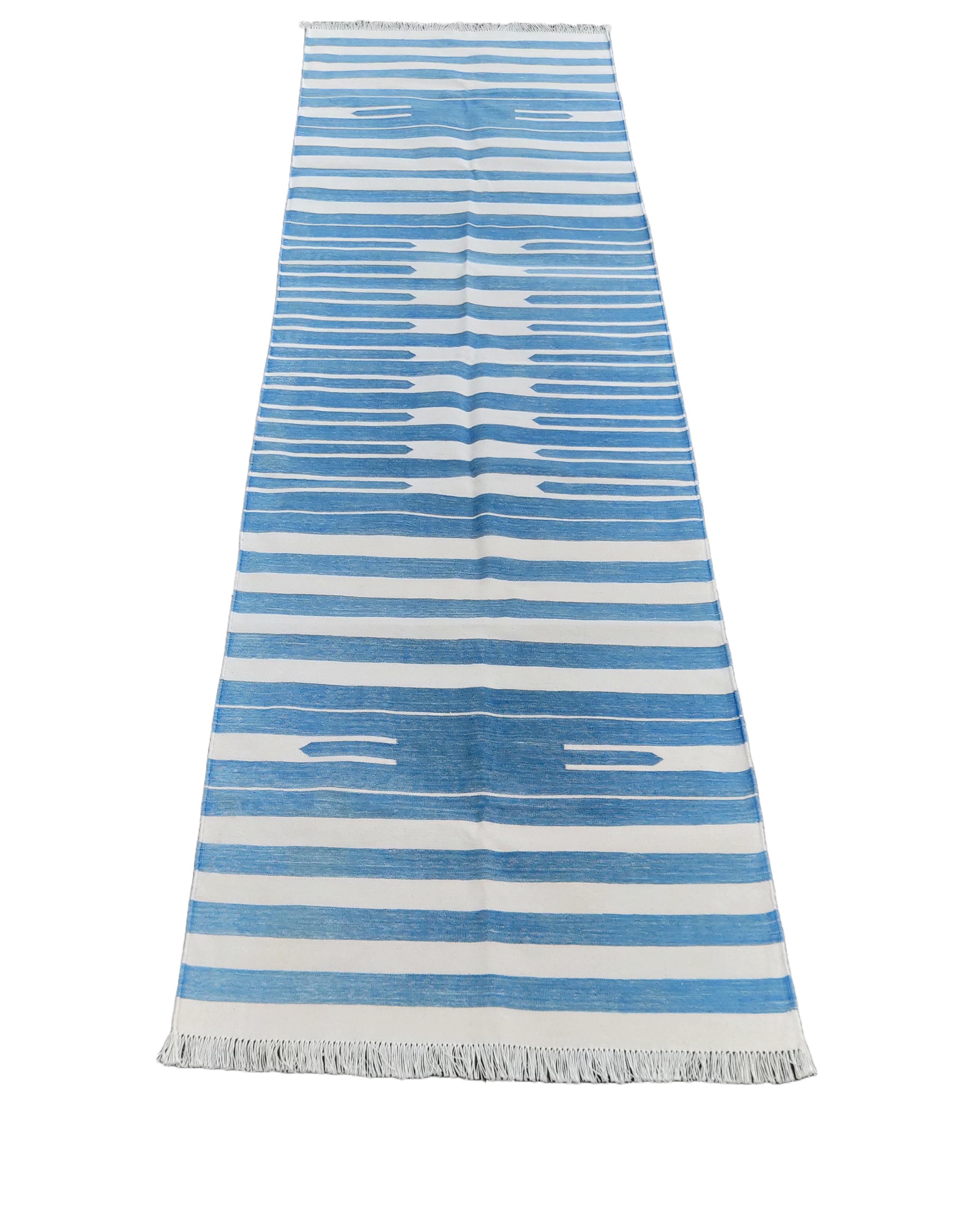 Mid-Century Modern Handmade Cotton Area Flat Weave Runner, 3x12 Blue And White Striped Dhurrie Rug For Sale