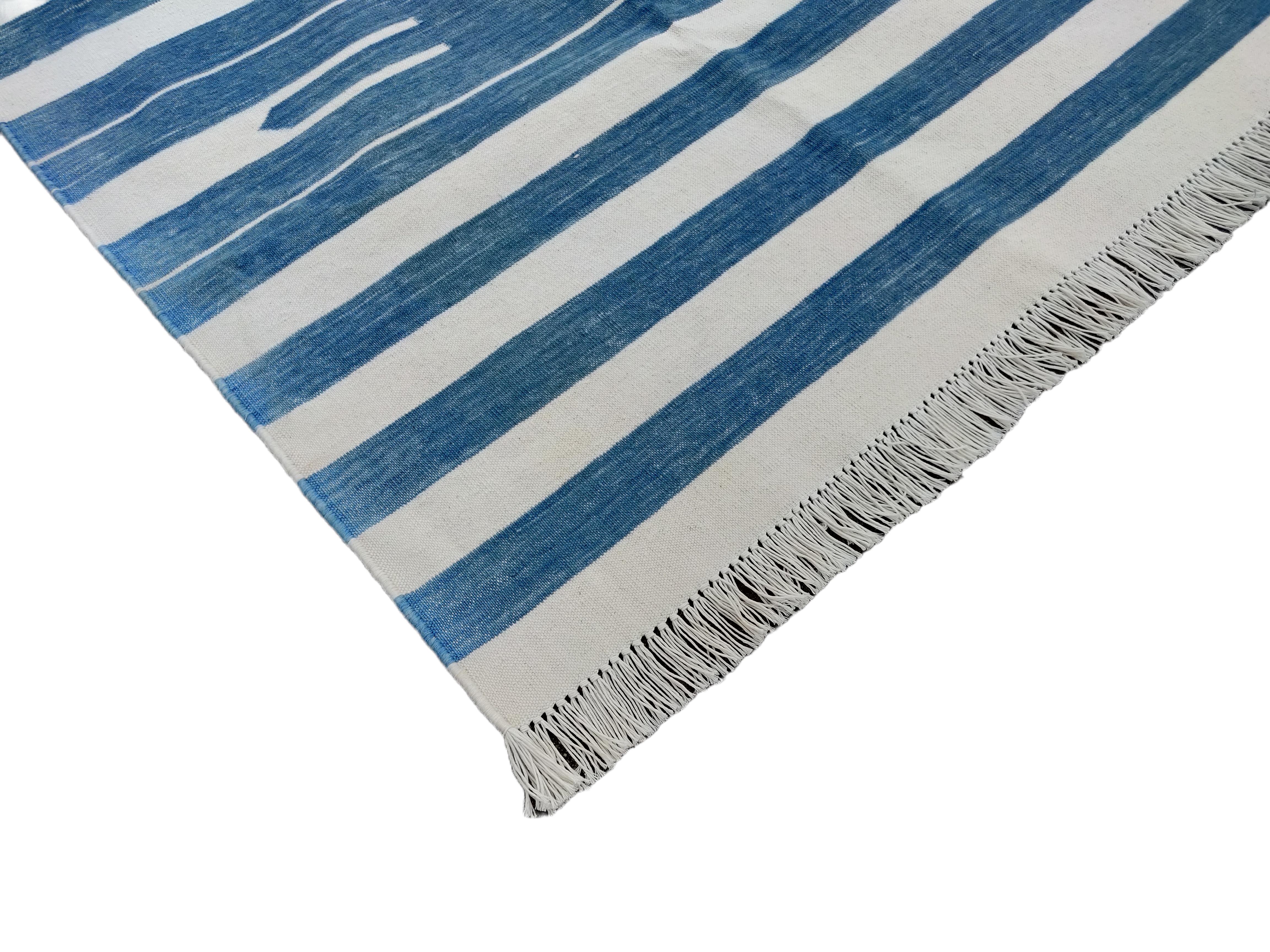 Contemporary Handmade Cotton Area Flat Weave Runner, 3x12 Blue And White Striped Dhurrie Rug For Sale