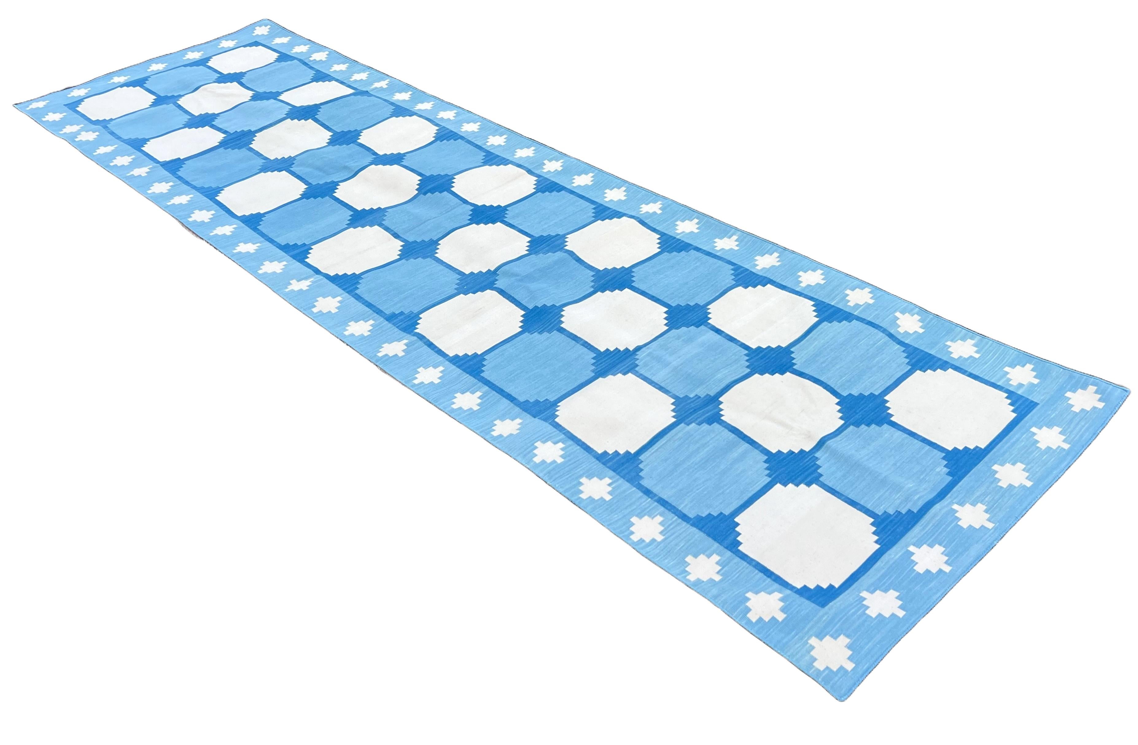 Handmade Cotton Area Flat Weave Runner, 3x12 Blue And White Tile Indian Dhurrie For Sale 4