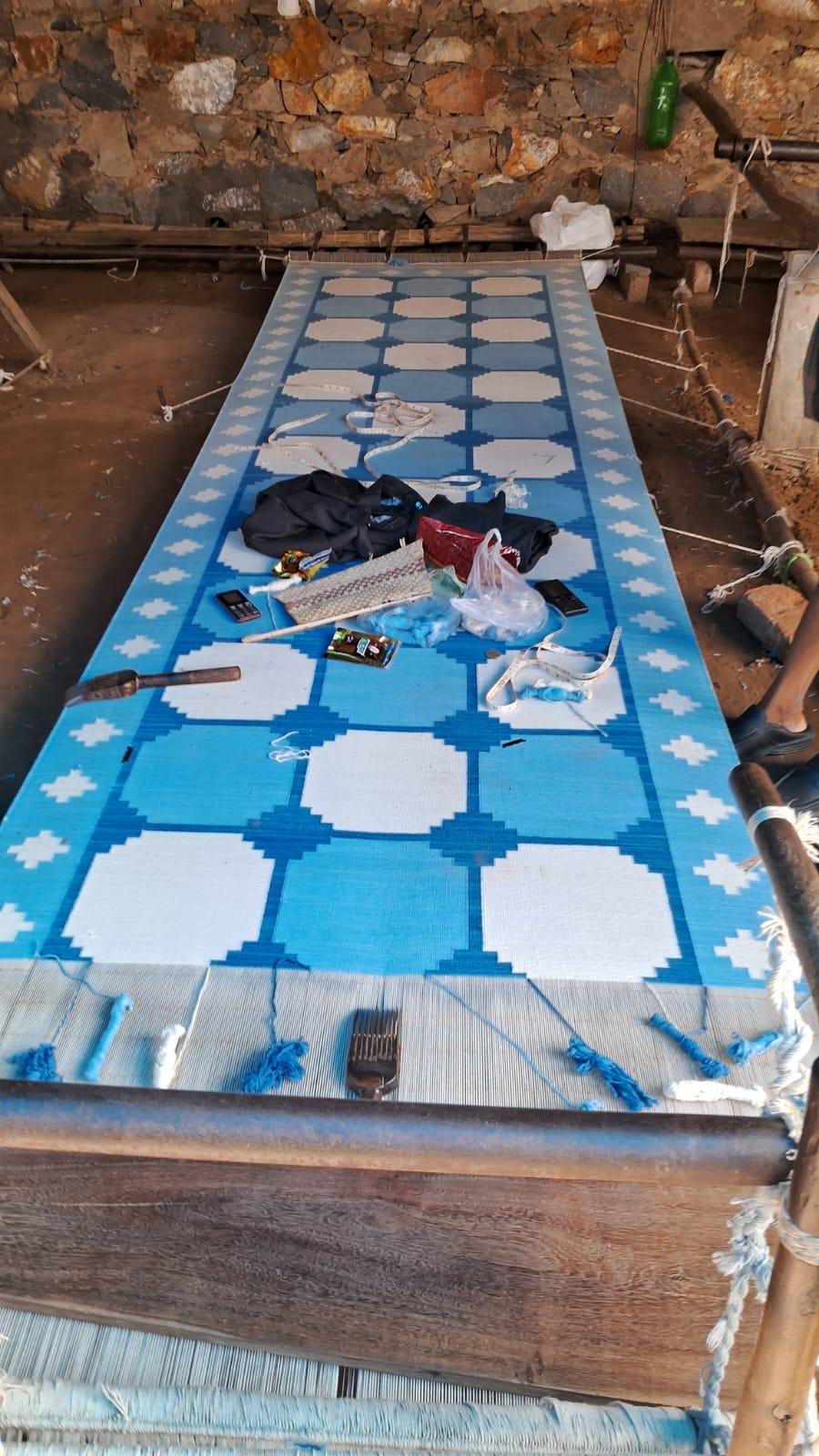Handmade Cotton Area Flat Weave Runner, 3x12 Blue And White Tile Indian Dhurrie For Sale 5
