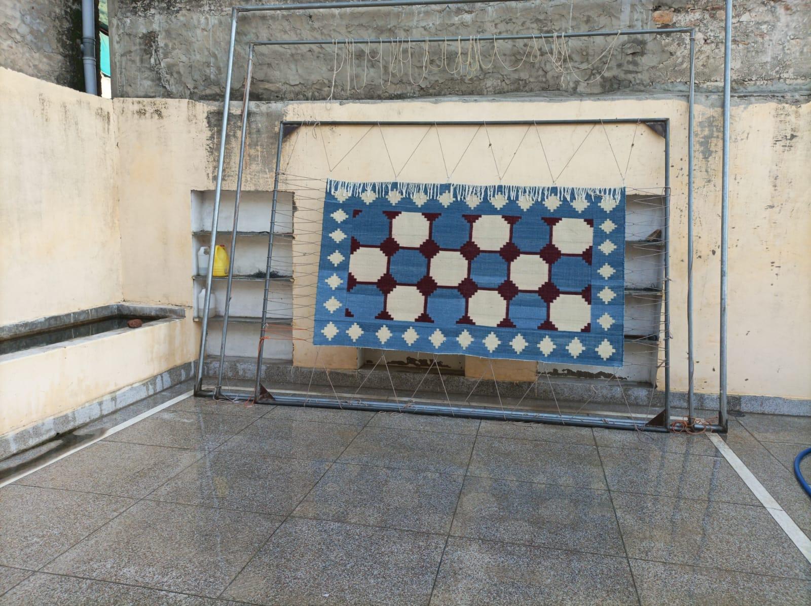 Handmade Cotton Area Flat Weave Runner, 3x12 Blue And White Tile Indian Dhurrie For Sale 6