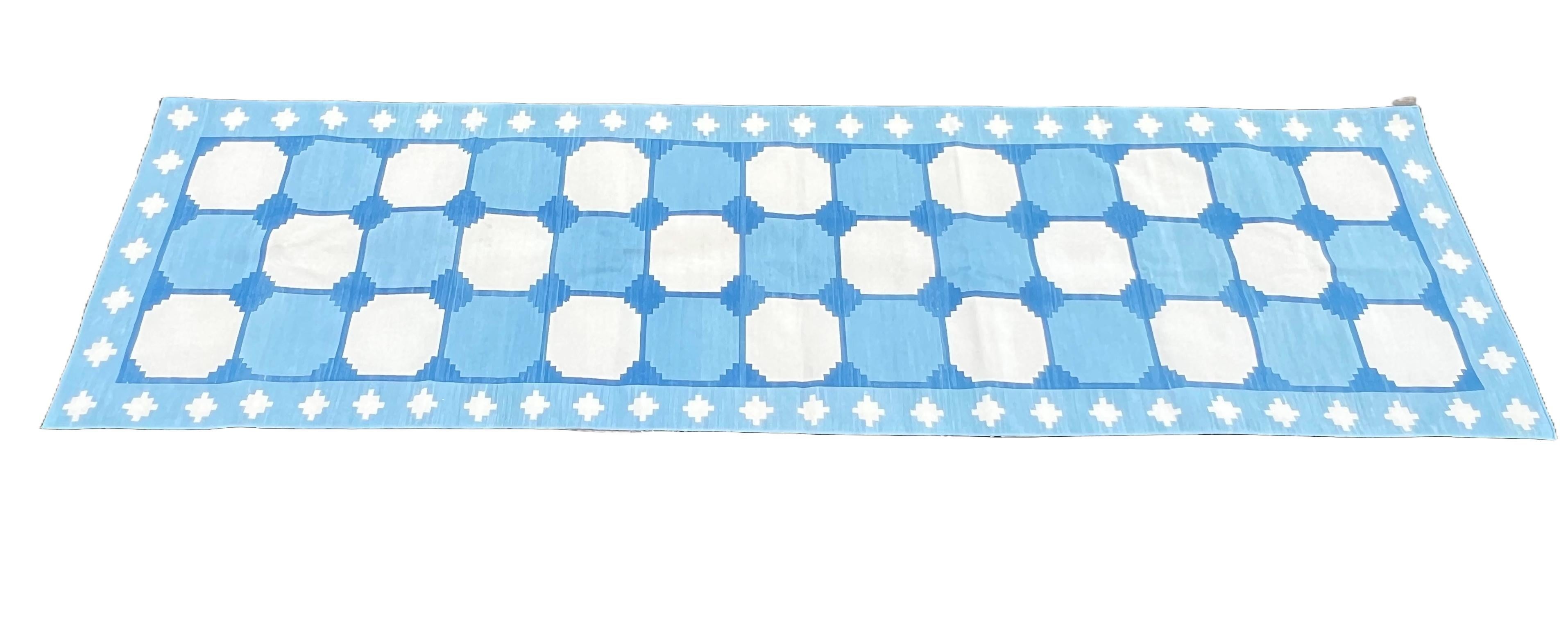 Cotton Natural Vegetable Dyed, Blue And Cream Swedish Tile Pattern Indian Dhurrie Runner-3'x12' (90x360cm)

These special flat-weave dhurries are hand-woven with 15 ply 100% cotton yarn. Due to the special manufacturing techniques used to create our