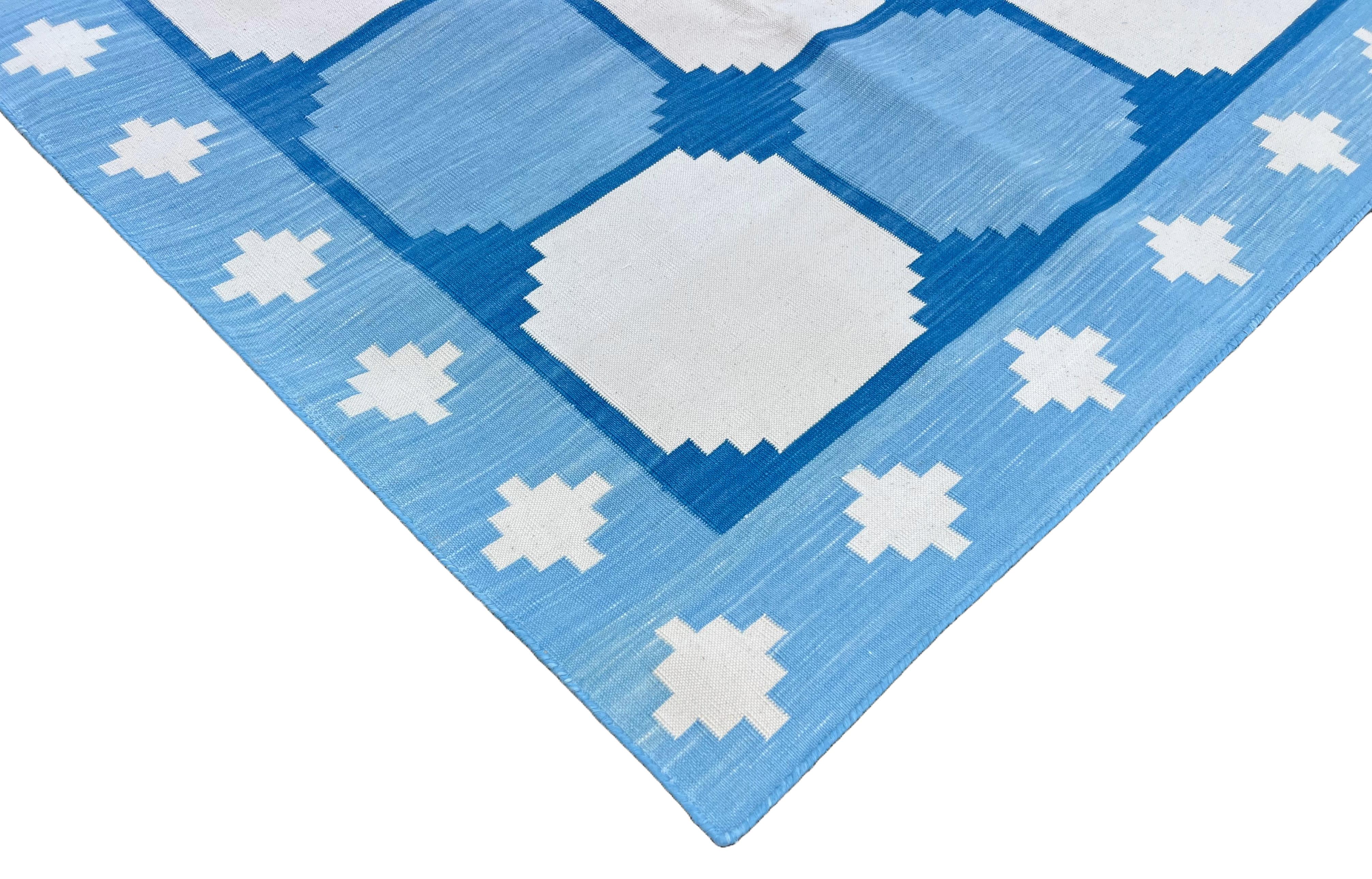 Mid-Century Modern Handmade Cotton Area Flat Weave Runner, 3x12 Blue And White Tile Indian Dhurrie For Sale
