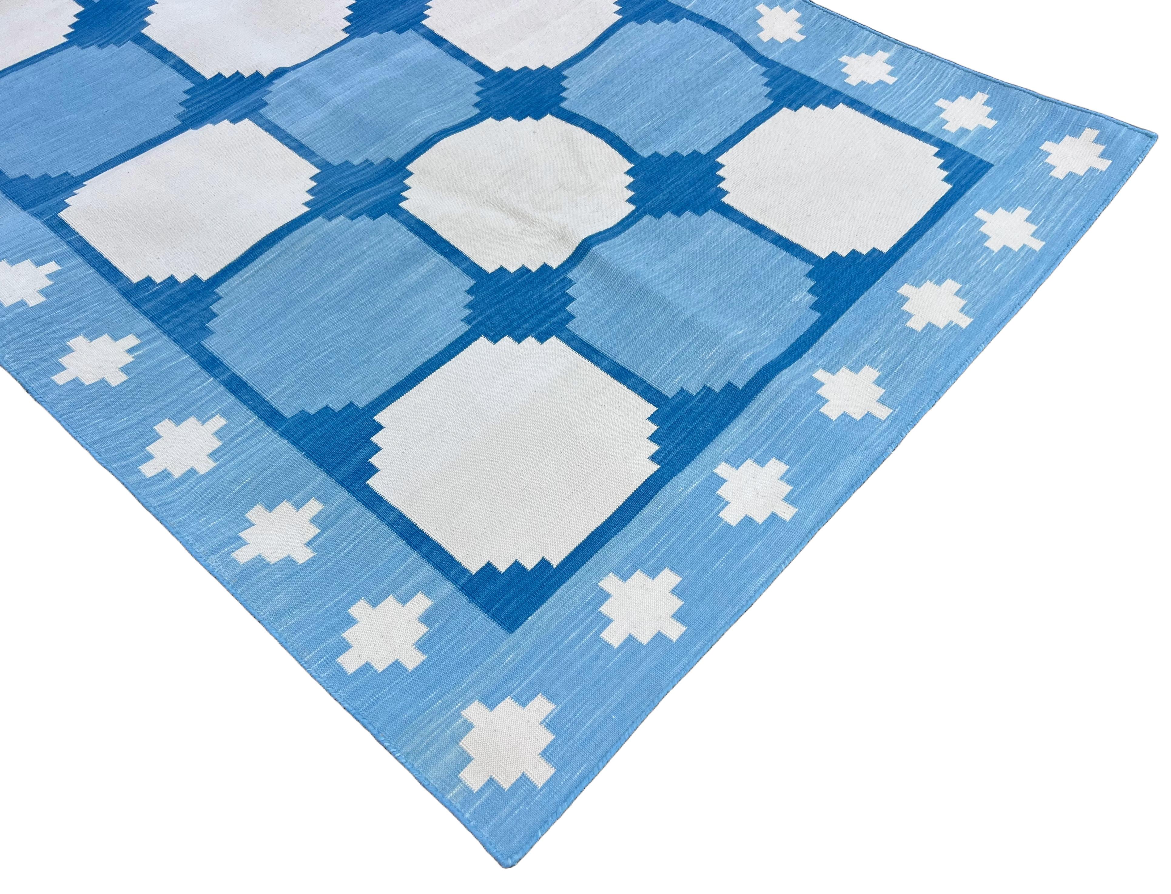 Hand-Woven Handmade Cotton Area Flat Weave Runner, 3x12 Blue And White Tile Indian Dhurrie For Sale