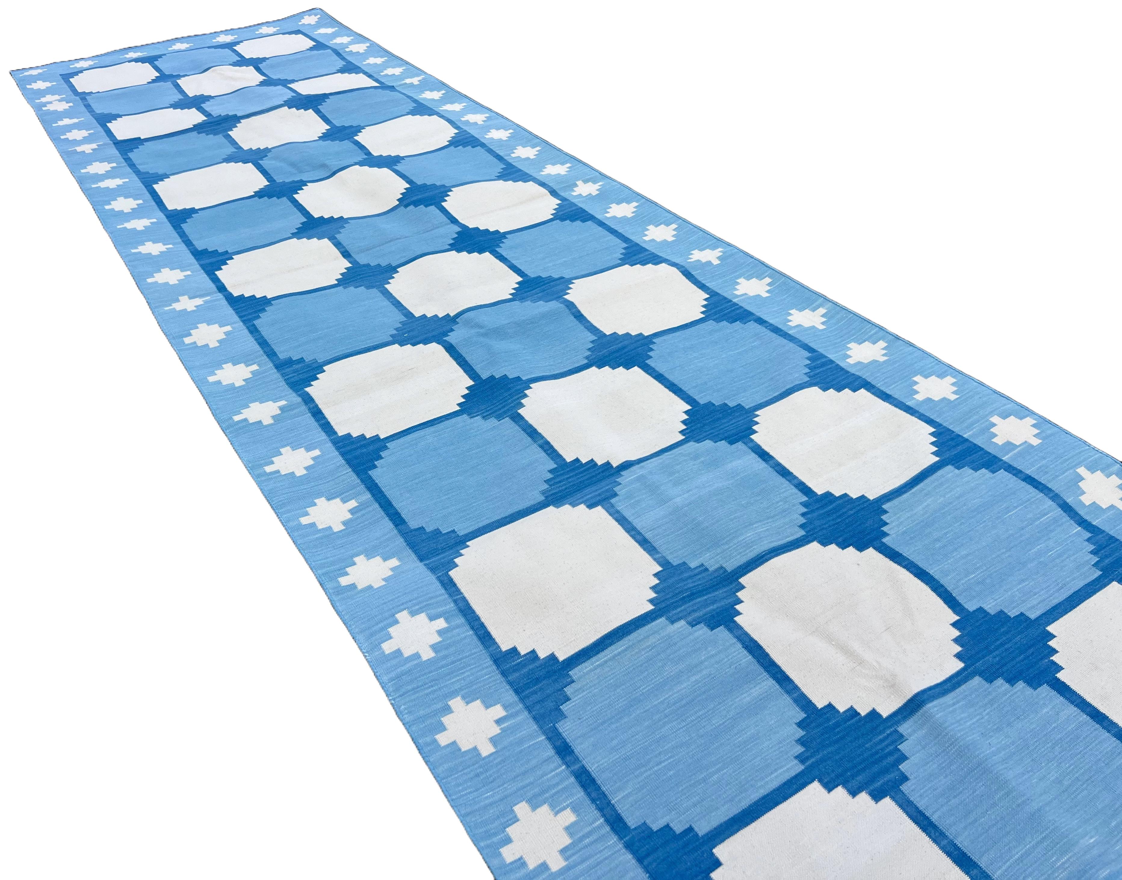 Handmade Cotton Area Flat Weave Runner, 3x12 Blue And White Tile Indian Dhurrie In New Condition For Sale In Jaipur, IN