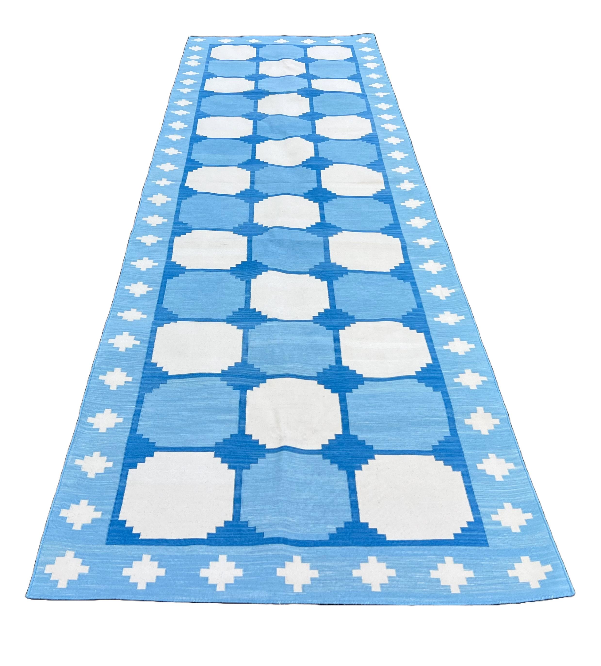 Contemporary Handmade Cotton Area Flat Weave Runner, 3x12 Blue And White Tile Indian Dhurrie For Sale