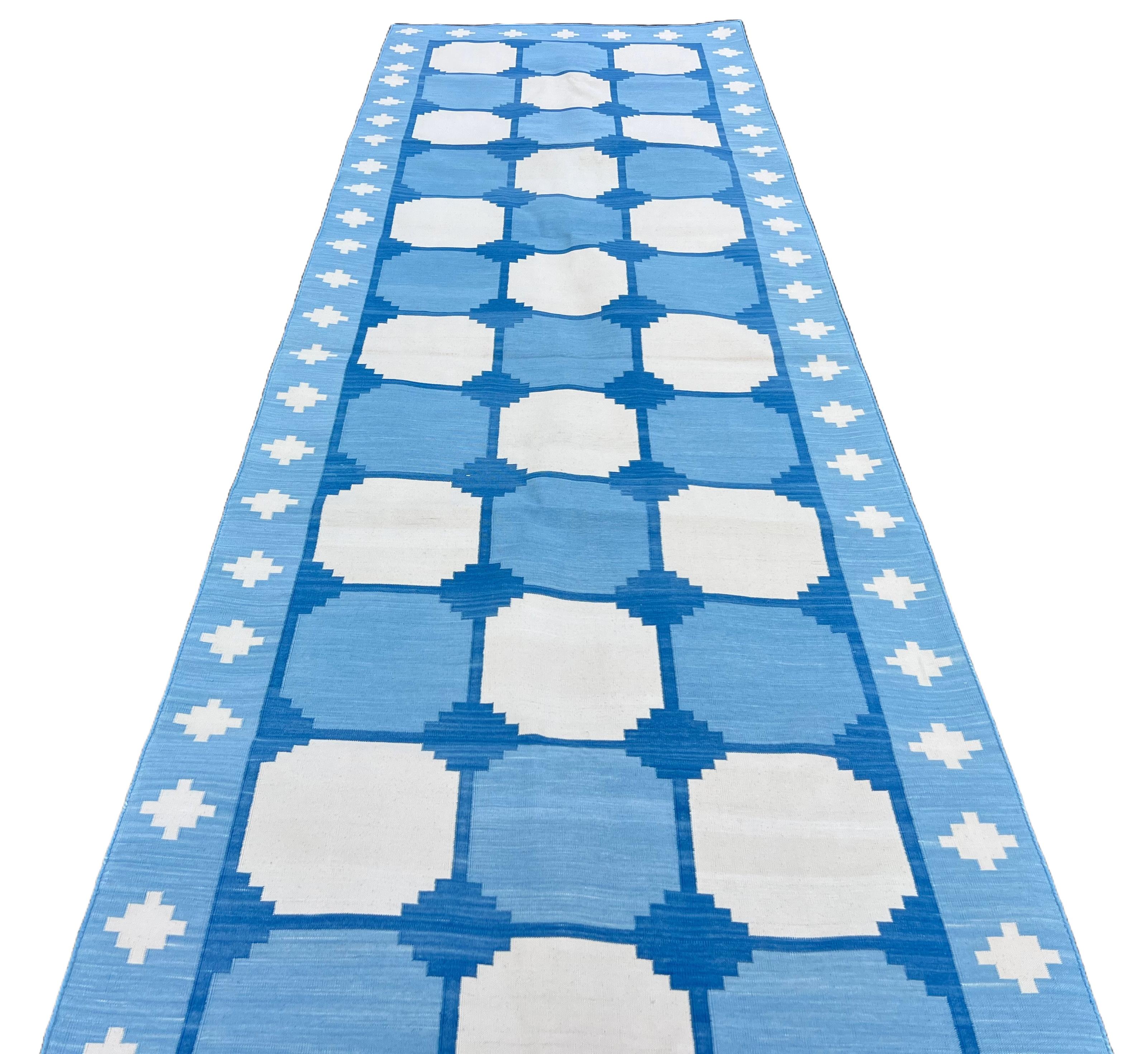 Handmade Cotton Area Flat Weave Runner, 3x12 Blue And White Tile Indian Dhurrie For Sale 1