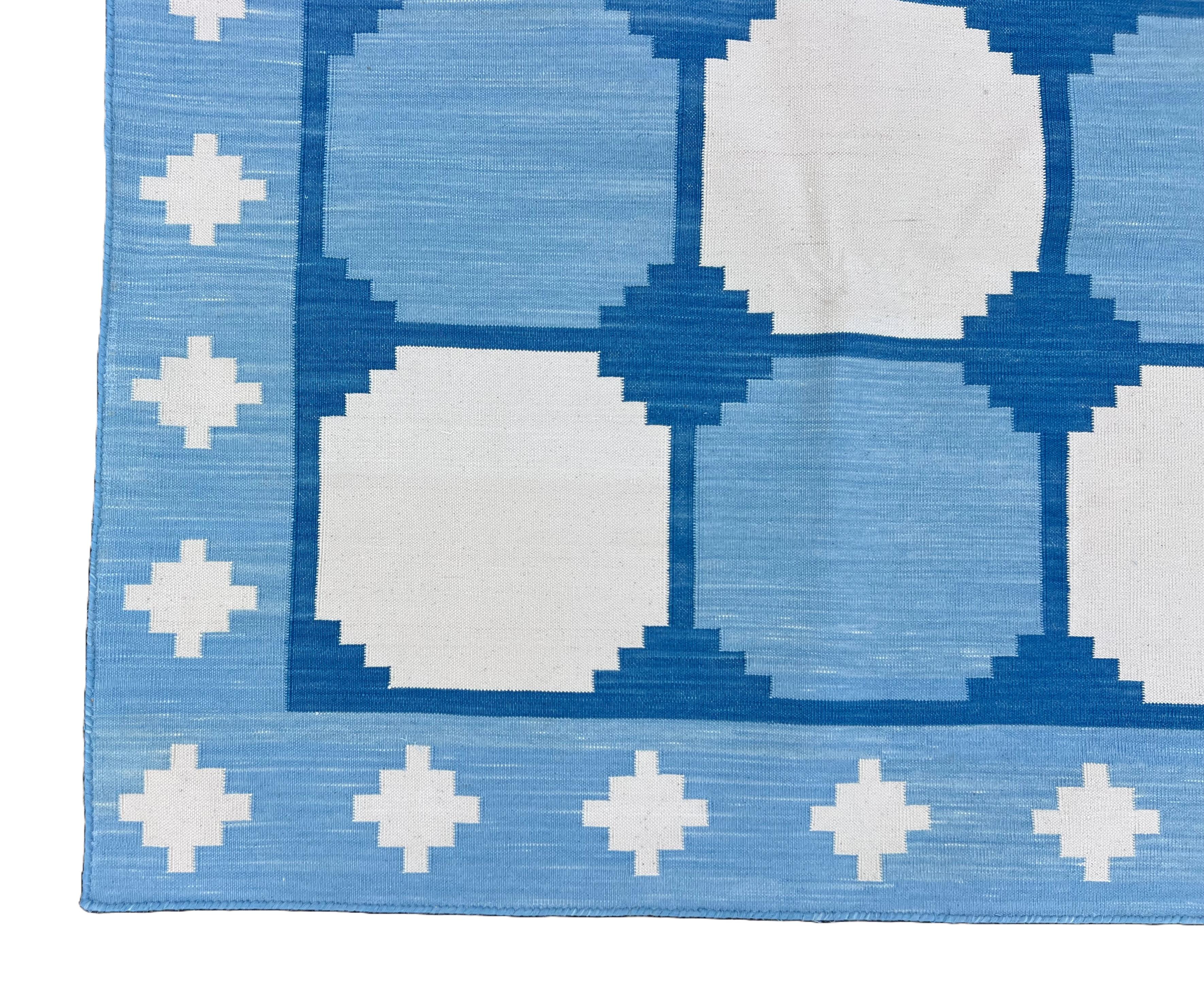 Handmade Cotton Area Flat Weave Runner, 3x12 Blue And White Tile Indian Dhurrie For Sale 2