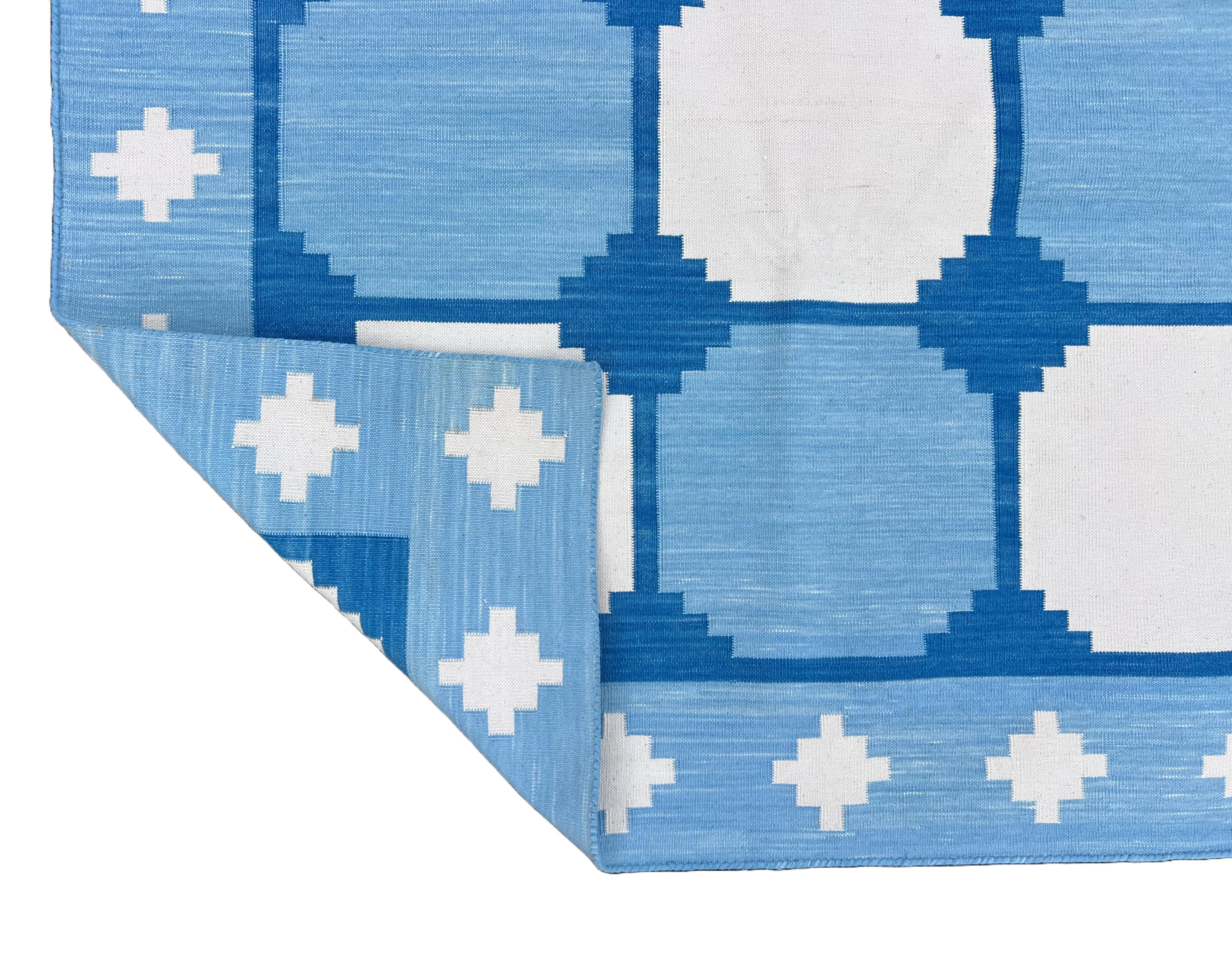 Handmade Cotton Area Flat Weave Runner, 3x12 Blue And White Tile Indian Dhurrie For Sale 3