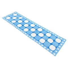 Handmade Cotton Area Flat Weave Runner, 3x12 Blue And White Tile Indian Dhurrie