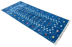 Alfombra Tejida a Mano de Algodón, 3x12 Azul Estrella Fugaz Dhurrie Indio