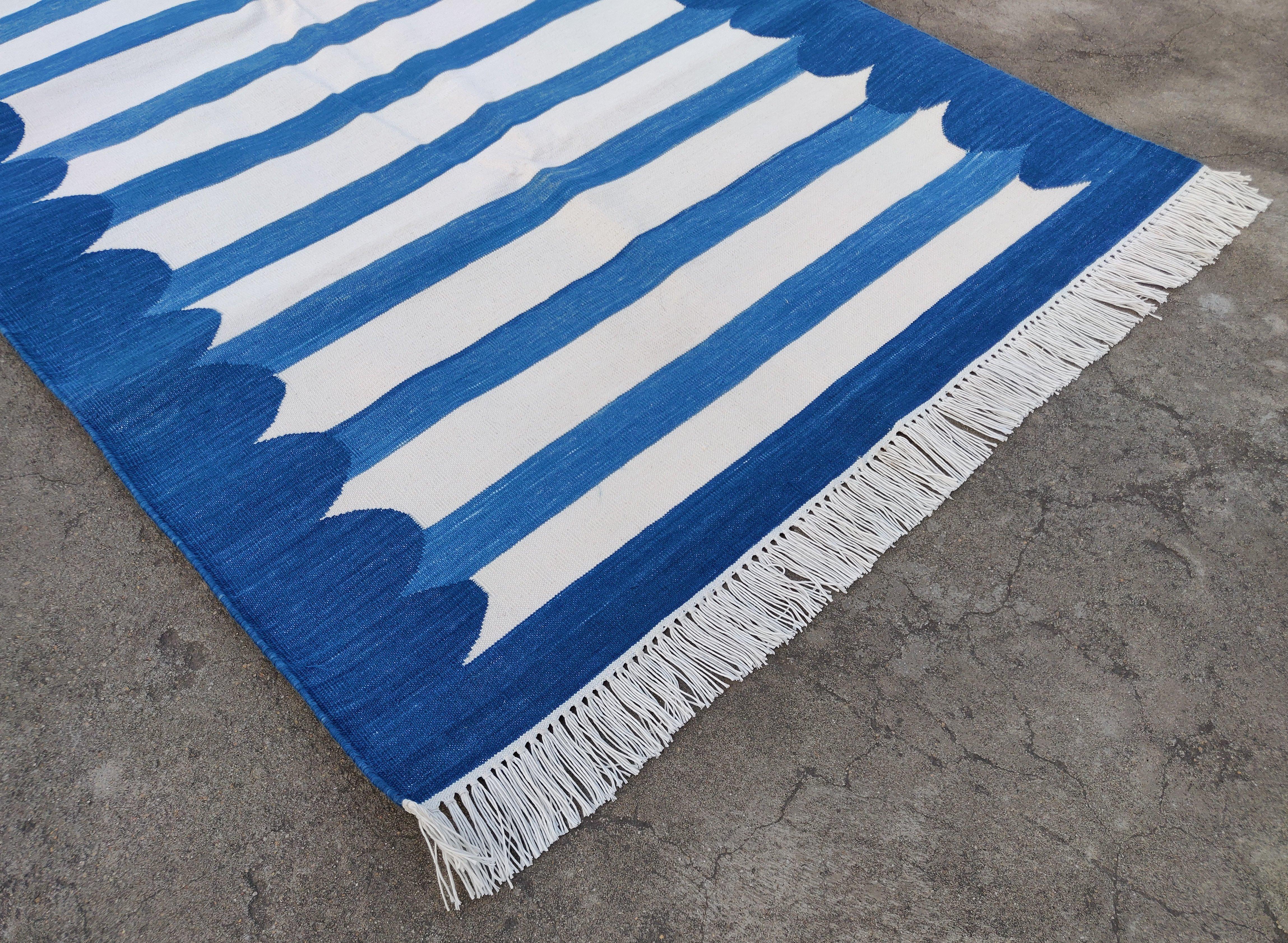 Cotton Natural Vegetable Dyed, Blue And White Scalloped Striped Indian Dhurrie Runner-3'x12' (90x360cm)
These special flat-weave dhurries are hand-woven with 15 ply 100% cotton yarn. Due to the special manufacturing techniques used to create our