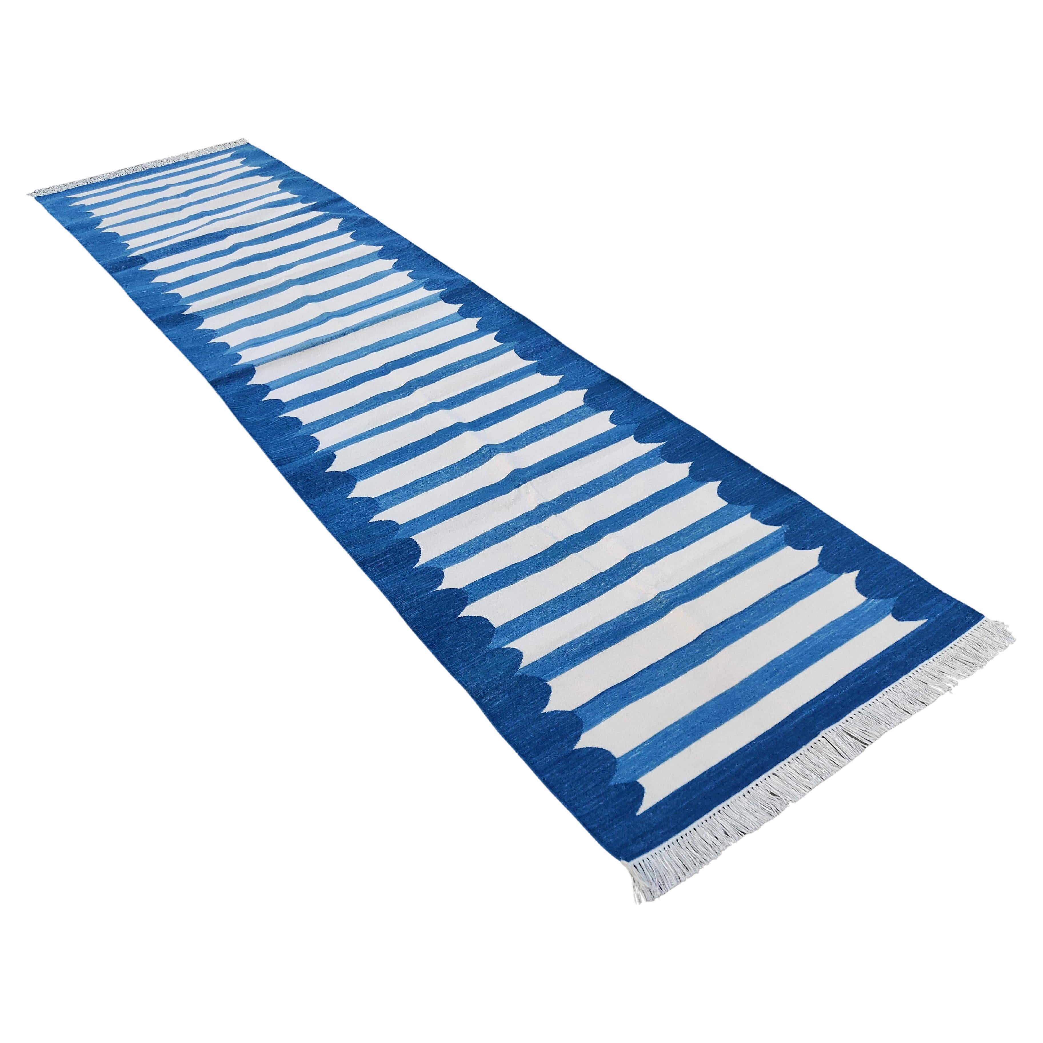 Handmade Cotton Area Flat Weave Runner, 3x12 Blue, White Scallop Indian Dhurrie For Sale