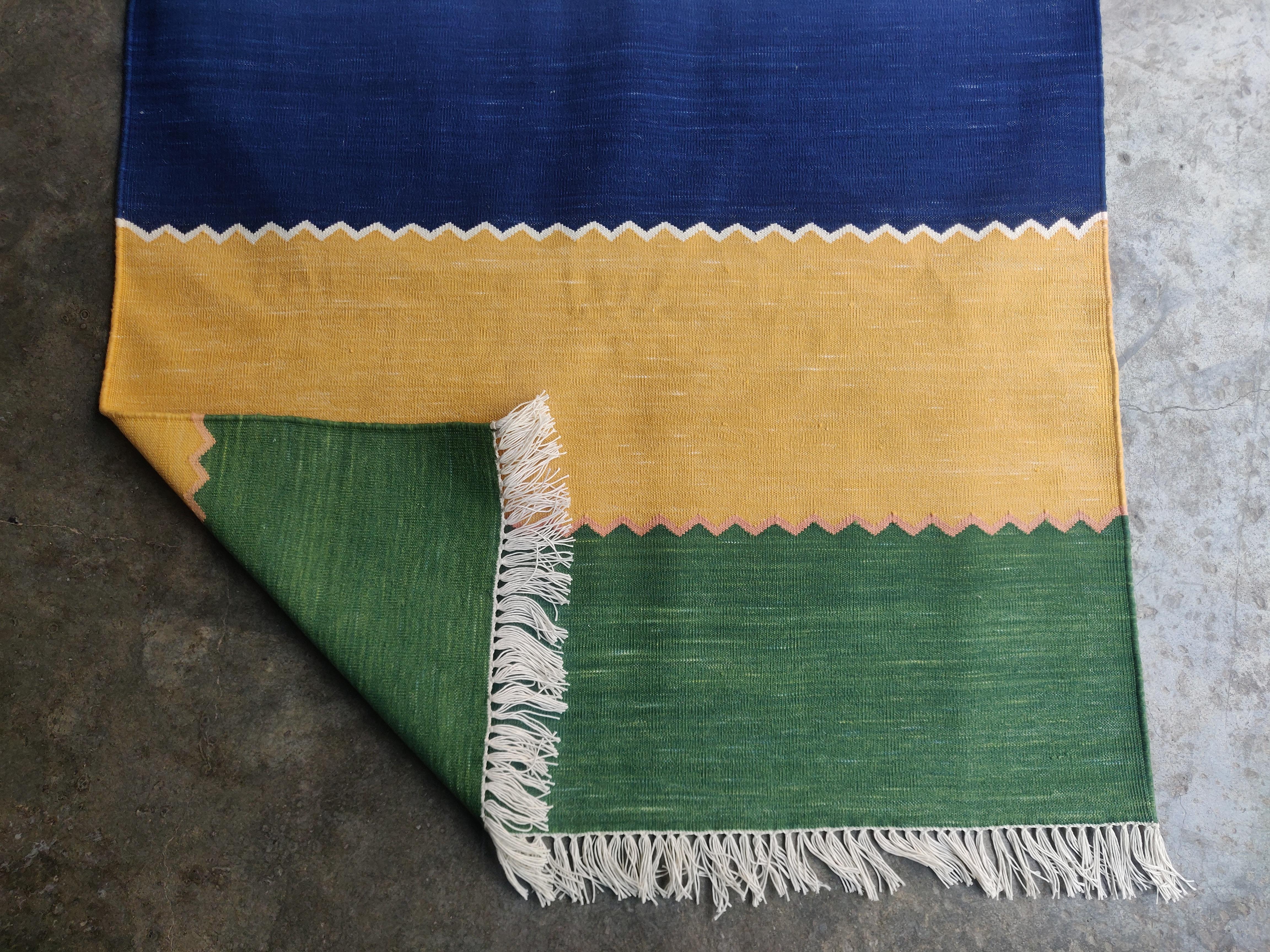 Handmade Cotton Area Flat Weave Runner, 3x12 Green & Blue Striped Indian Dhurrie For Sale 4