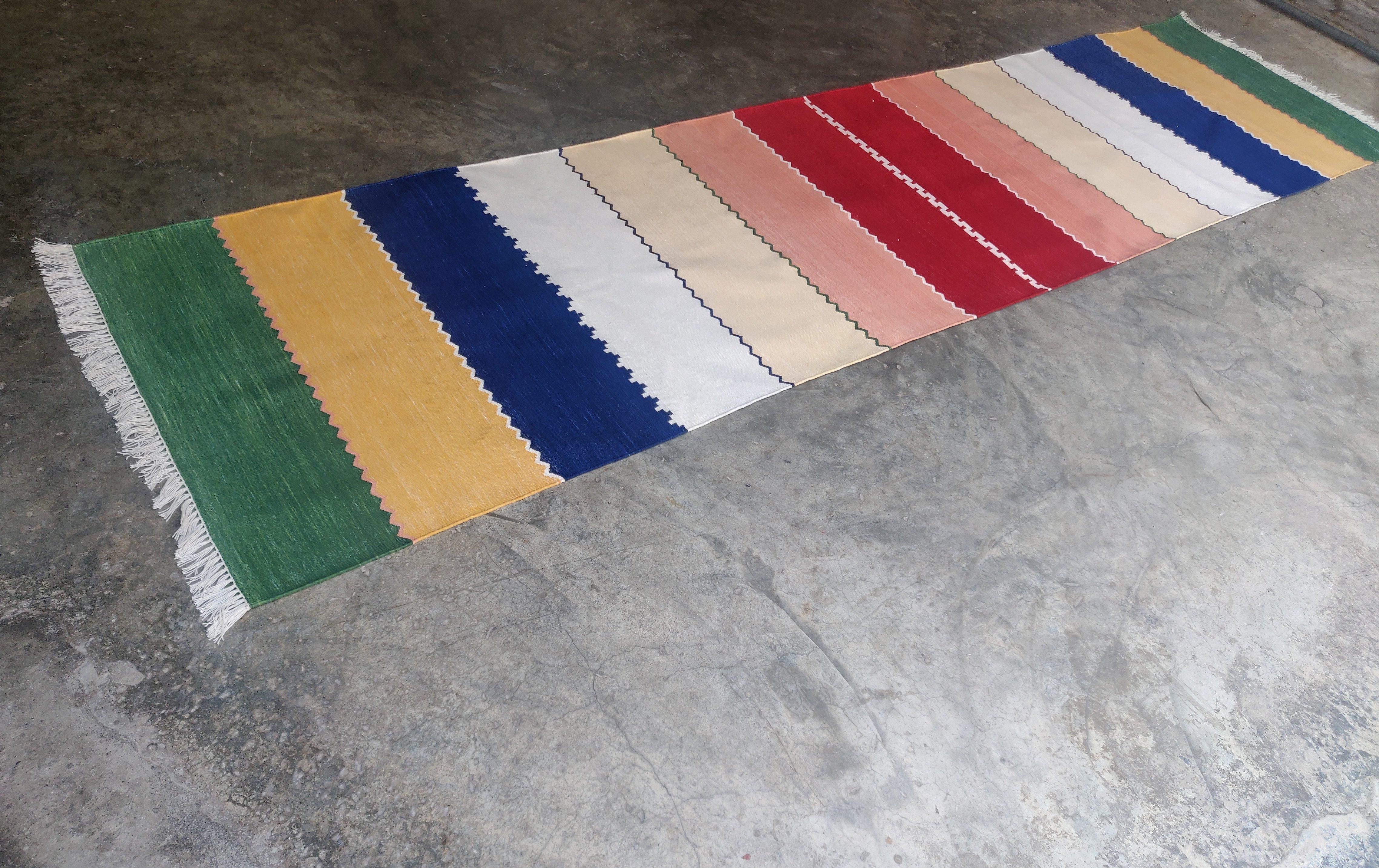Mid-Century Modern Handmade Cotton Area Flat Weave Runner, 3x12 Green & Blue Striped Indian Dhurrie For Sale