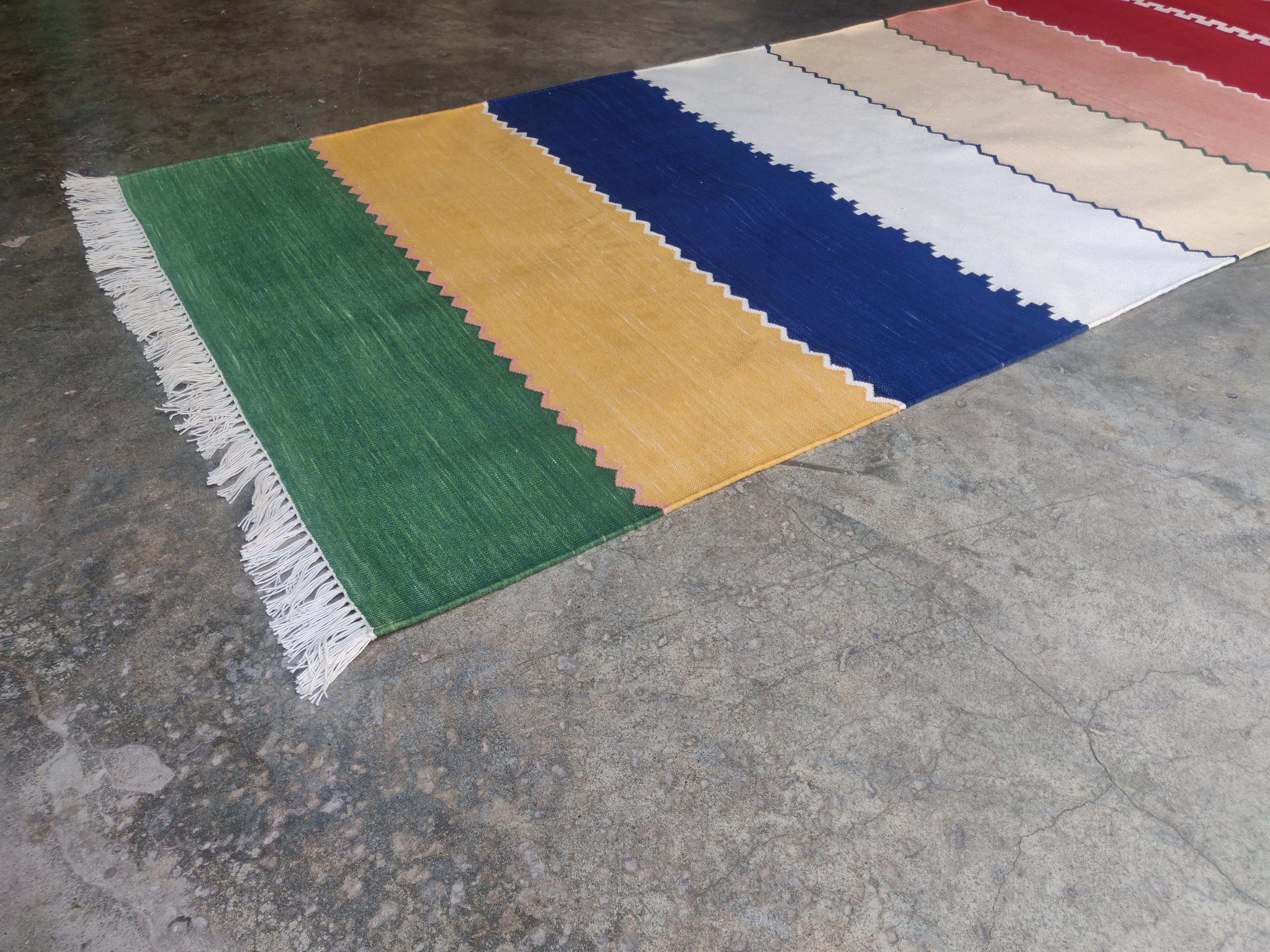 Hand-Woven Handmade Cotton Area Flat Weave Runner, 3x12 Green & Blue Striped Indian Dhurrie For Sale