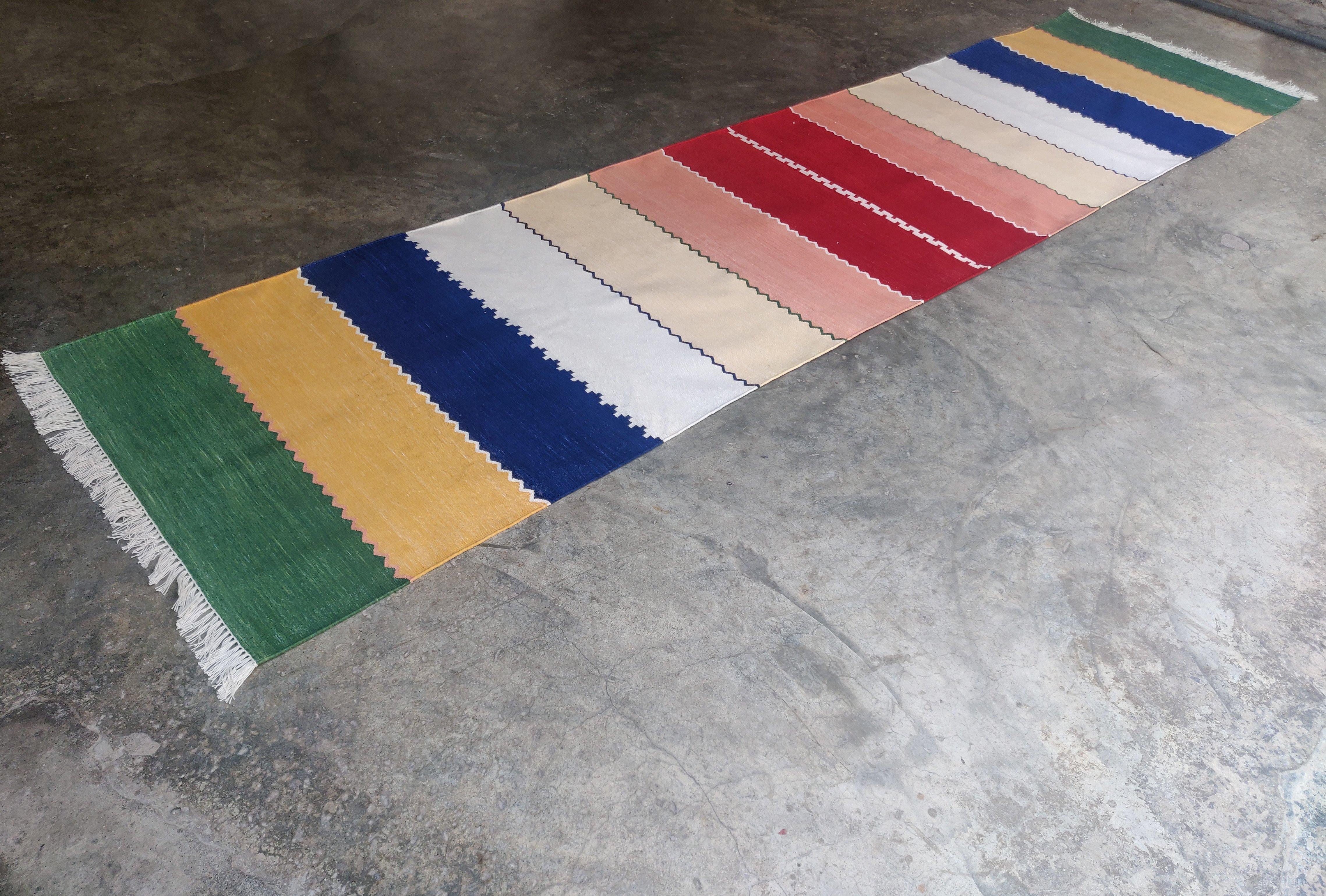 Handmade Cotton Area Flat Weave Runner, 3x12 Green & Blue Striped Indian Dhurrie In New Condition For Sale In Jaipur, IN