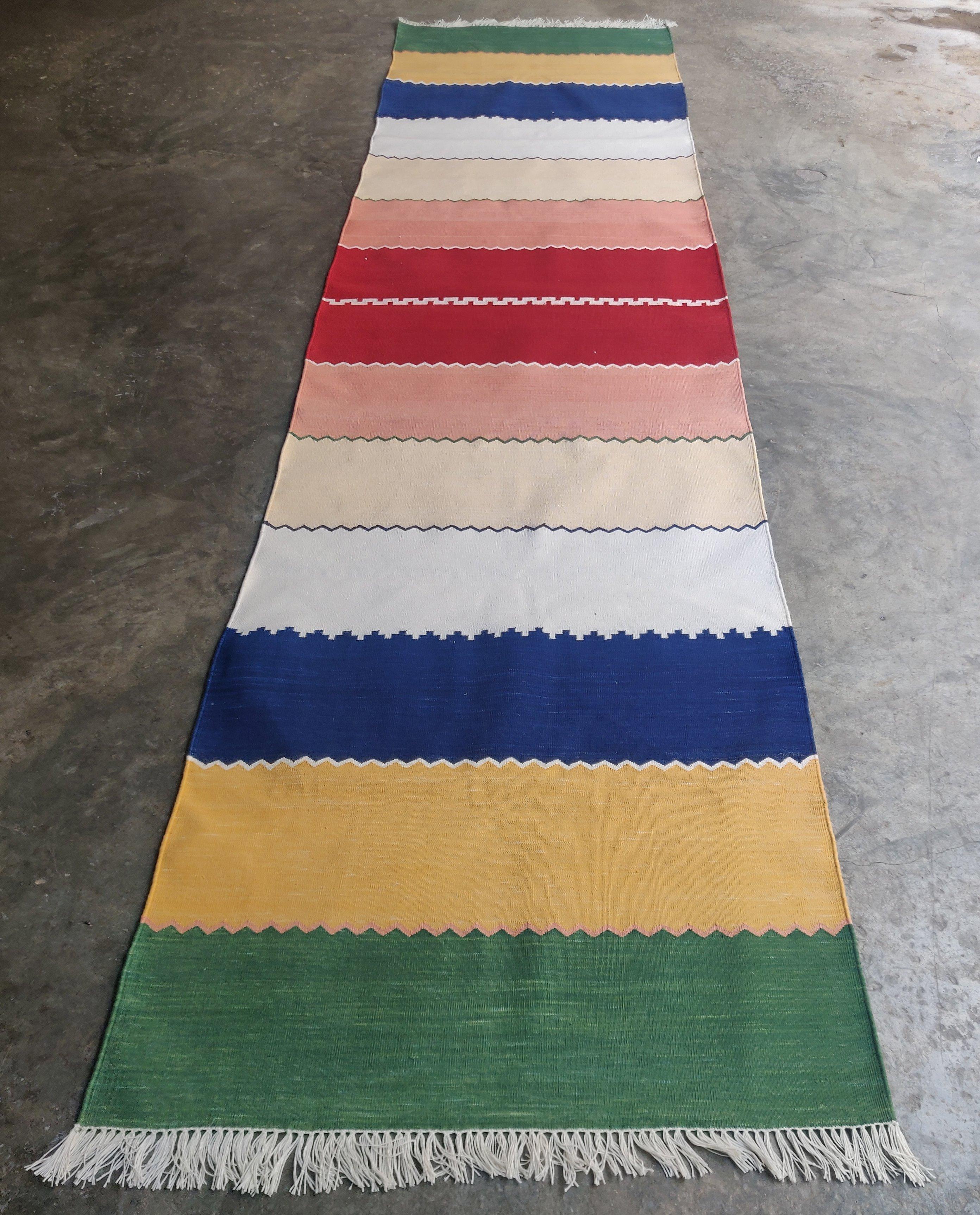 Contemporary Handmade Cotton Area Flat Weave Runner, 3x12 Green & Blue Striped Indian Dhurrie For Sale