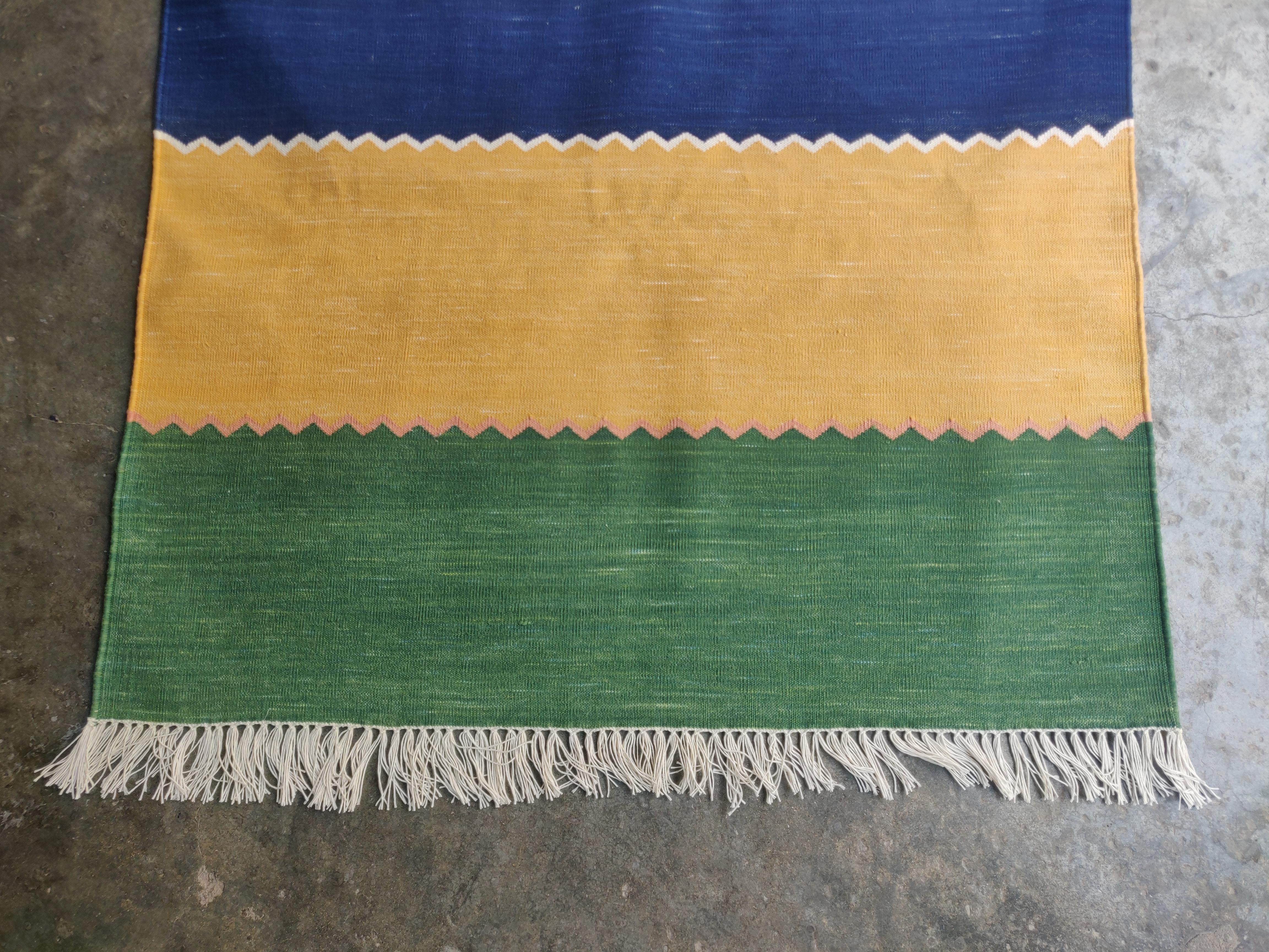 Handmade Cotton Area Flat Weave Runner, 3x12 Green & Blue Striped Indian Dhurrie For Sale 1