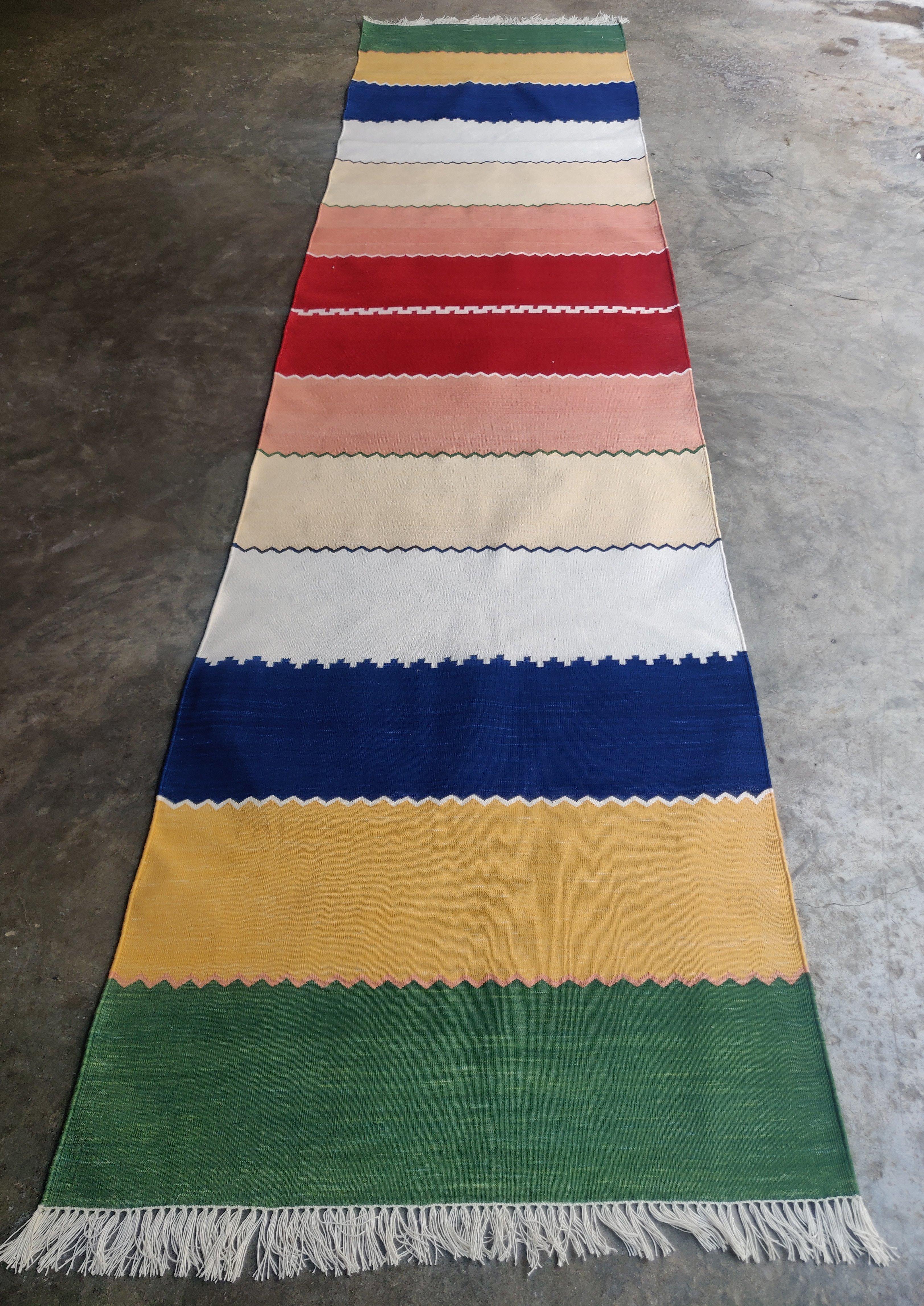Handmade Cotton Area Flat Weave Runner, 3x12 Green & Blue Striped Indian Dhurrie For Sale 2