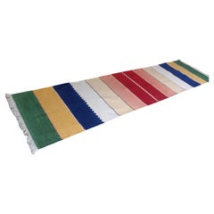 Handmade Cotton Area Flat Weave Runner, 3x12 Green & Blue Striped Indian Dhurrie