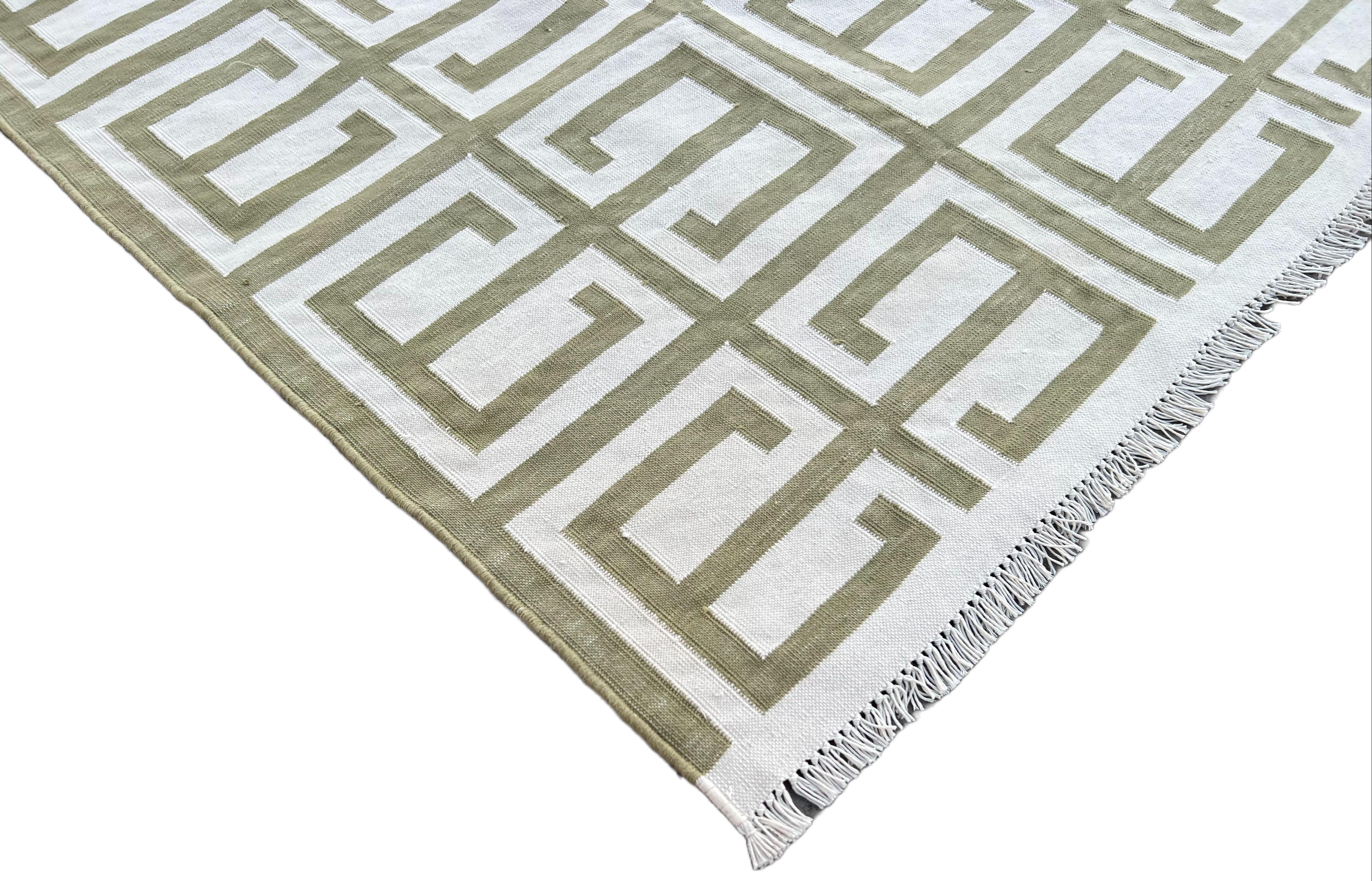 Cotton Natural Vegetable Dyed, Olive Green And White Geometric Indian Dhurrie Runner-3x12 feet (90x360cm)
These special flat-weave dhurries are hand-woven with 15 ply 100% cotton yarn. Due to the special manufacturing techniques used to create our