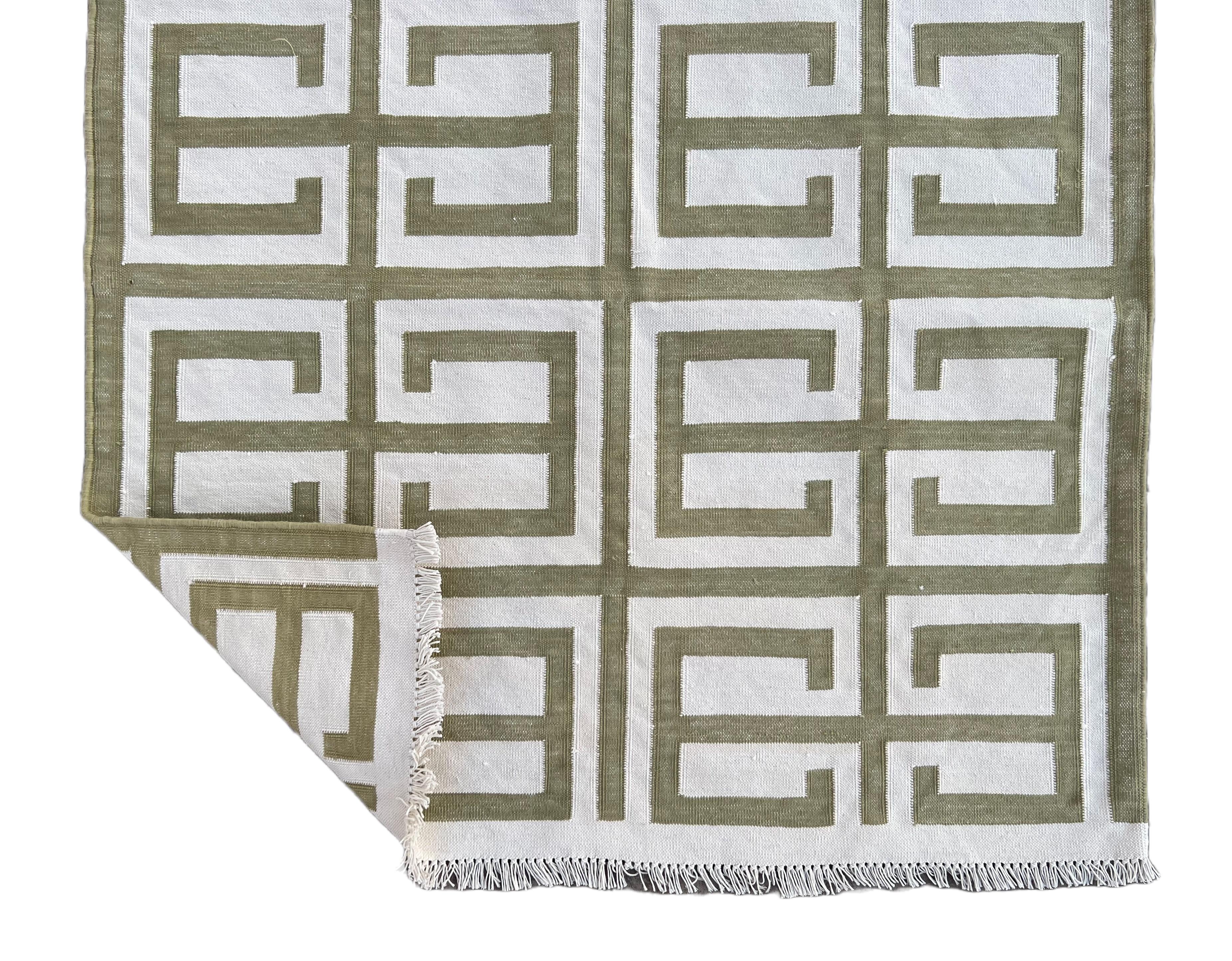 Handmade Cotton Area Flat Weave Runner, 3x12 Green Geometric Indian Dhurrie Rug For Sale 1