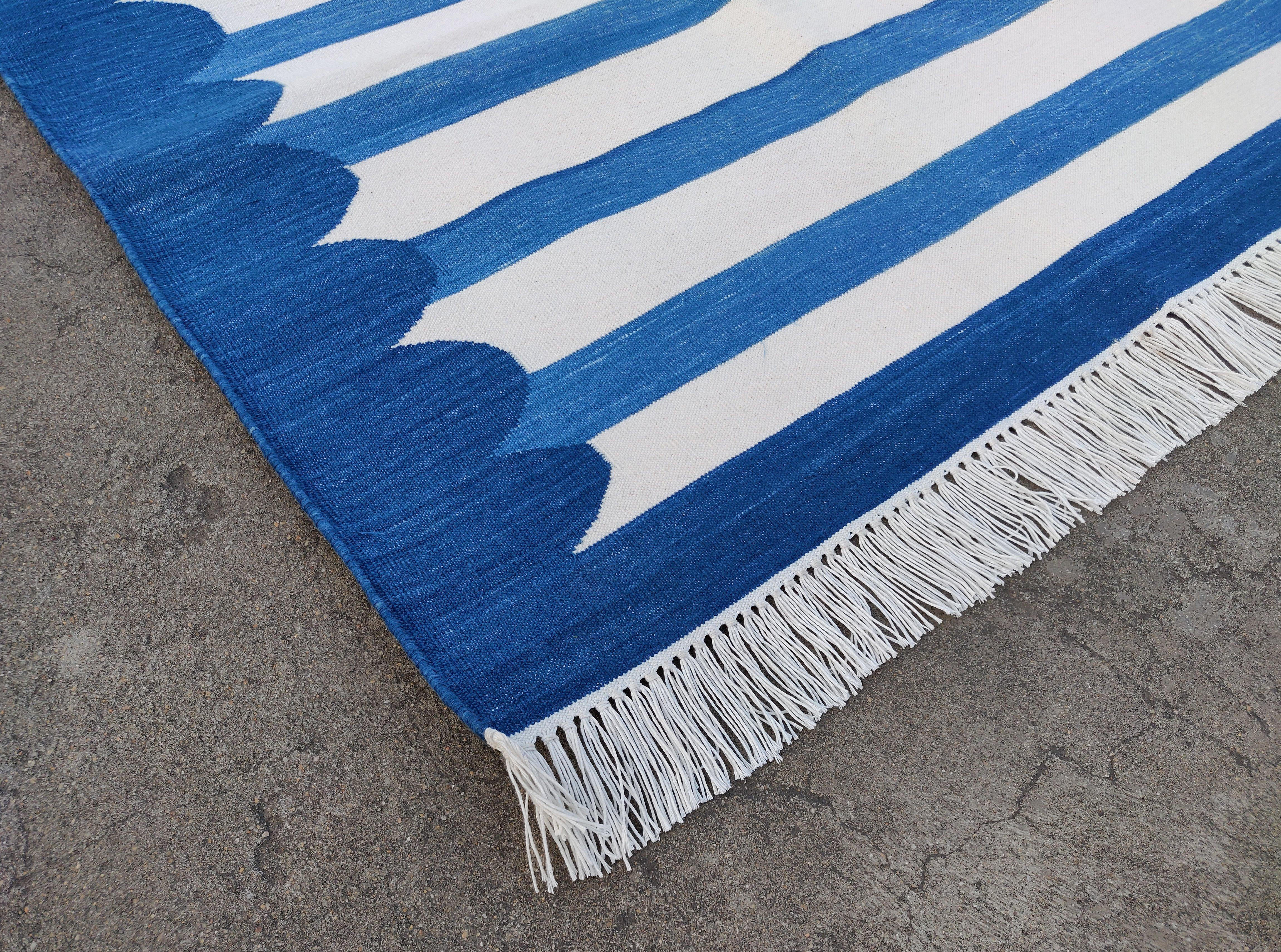 Mid-Century Modern Handmade Cotton Area Flat Weave Runner, 3x14 Blue White Scalloped Indian Dhurrie For Sale