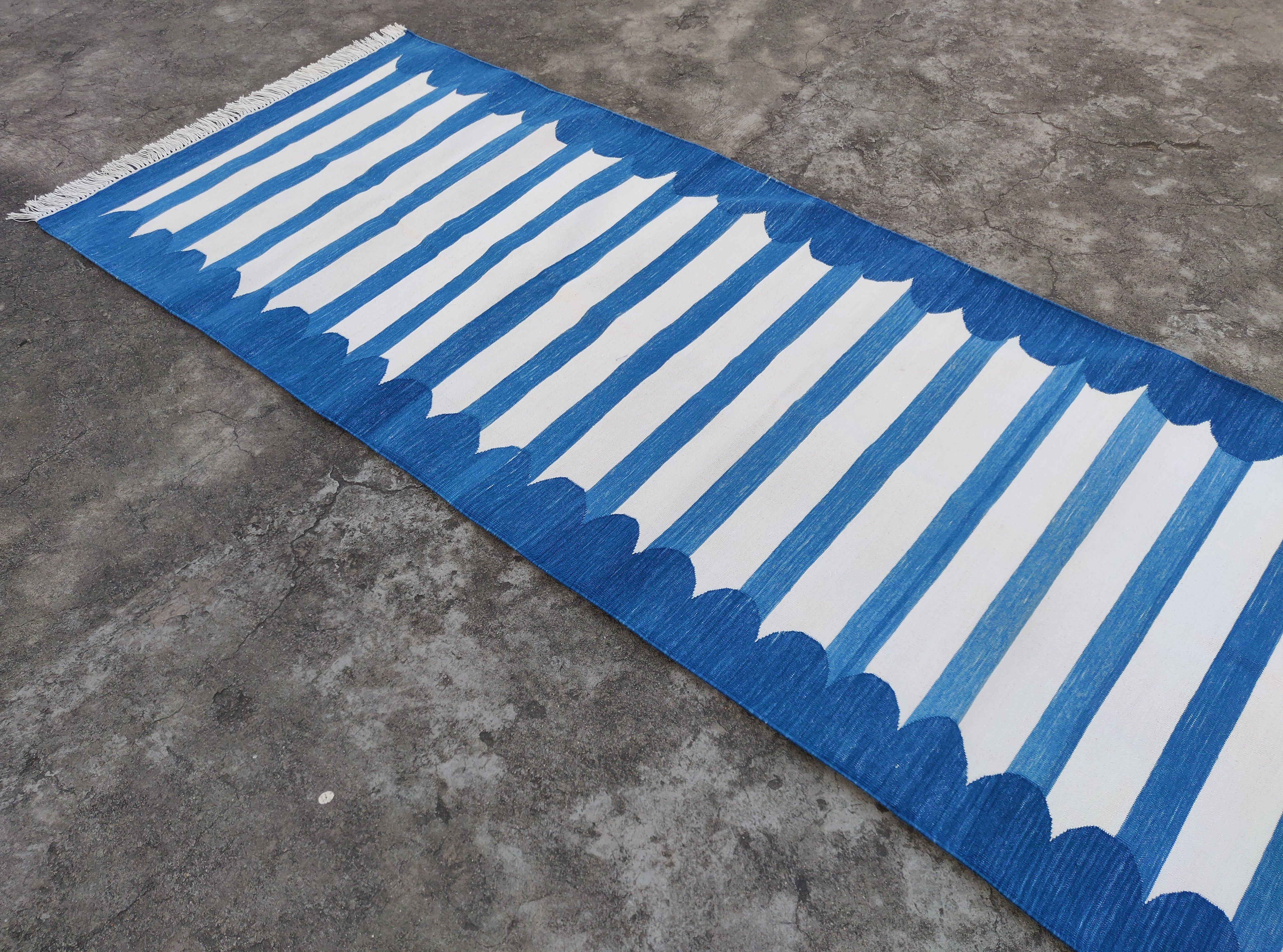 Handmade Cotton Area Flat Weave Runner, 3x14 Blue White Scalloped Indian Dhurrie For Sale 1