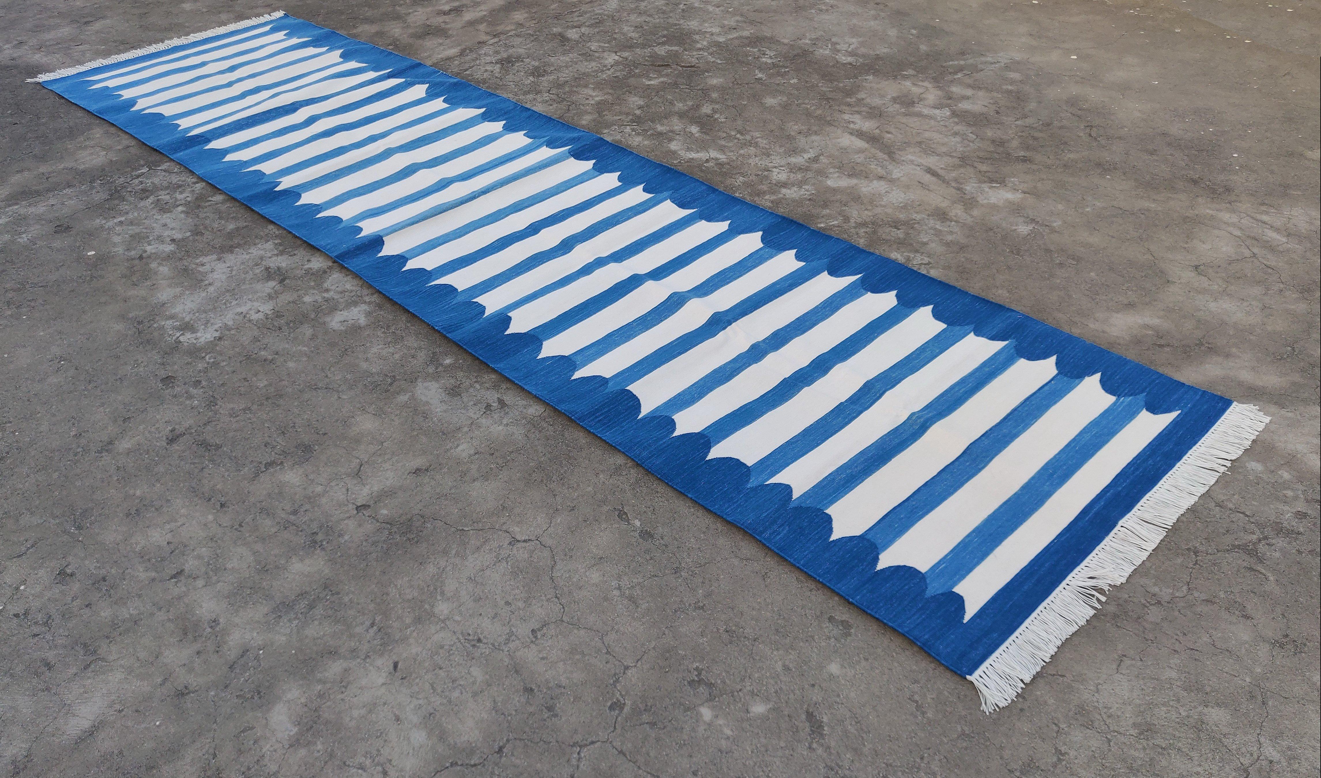 Handmade Cotton Area Flat Weave Runner, 3x14 Blue White Scalloped Indian Dhurrie For Sale 2