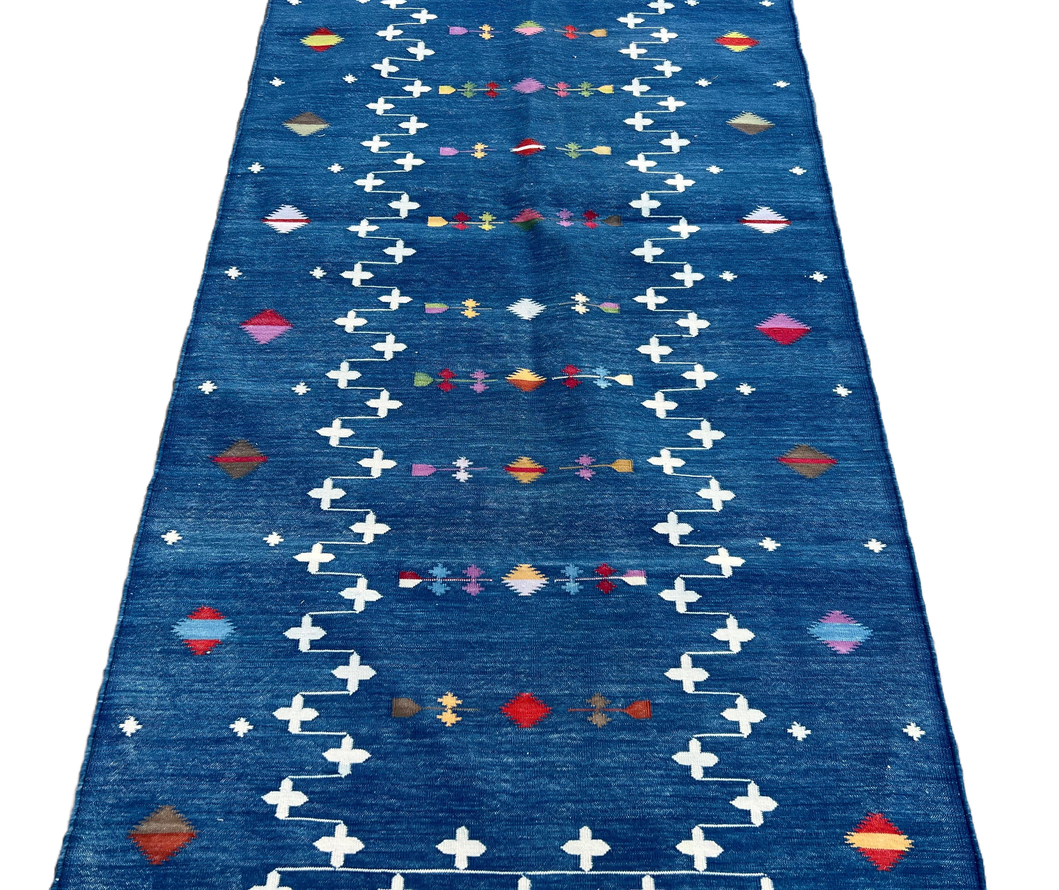 Handmade Cotton Area Flat Weave Runner, 3x16 Blue Shooting Star Indian Dhurrie For Sale 5