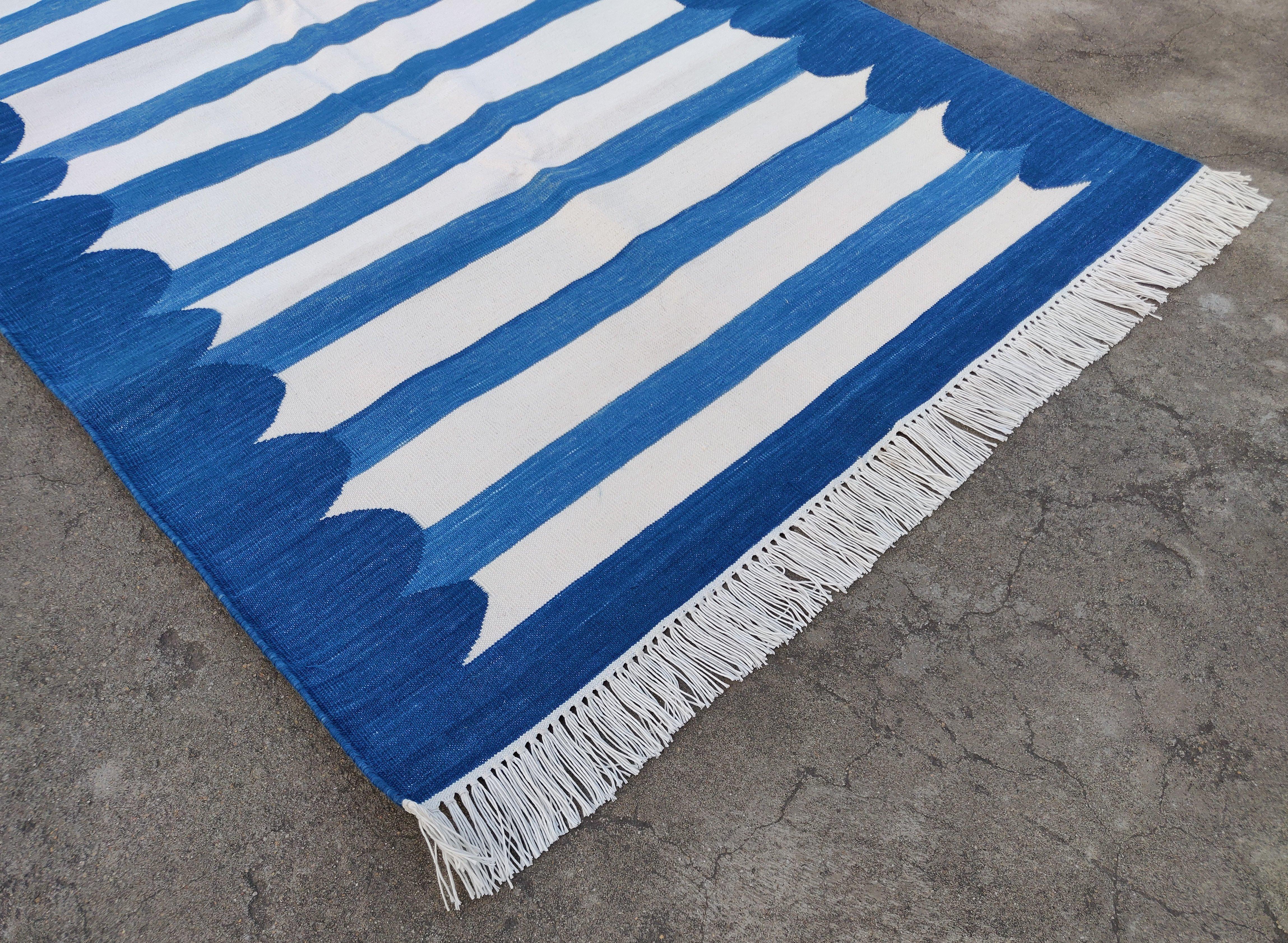Cotton Natural Vegetable Dyed, Blue And White Scalloped Striped Indian Dhurrie Runner-3'x16' (90x480cm)

These special flat-weave dhurries are hand-woven with 15 ply 100% cotton yarn. Due to the special manufacturing techniques used to create our