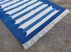 Handmade Cotton Area Flat Weave Runner, 3x16 Blue White Scalloped Indian Dhurrie