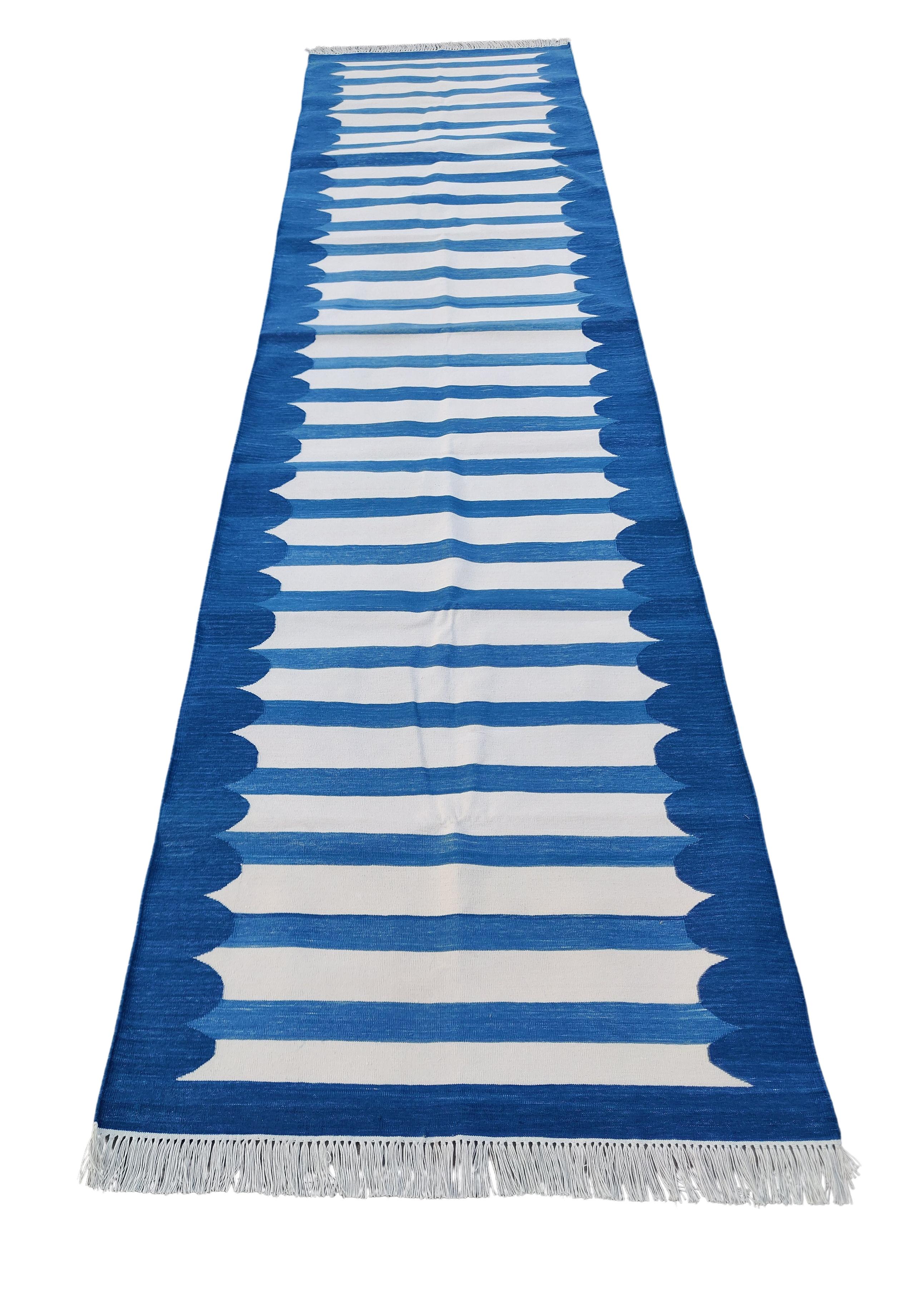 Hand-Woven Handmade Cotton Area Flat Weave Runner, 3x16 Blue White Scalloped Indian Dhurrie For Sale